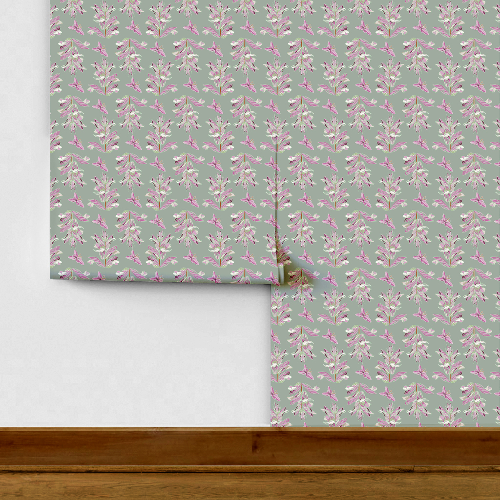 The artwork features a repeating pattern of large, stylized flowers and leaves in shades of pink and lavender against a rich sage background. The flowers have elongated petals and leaves with intricate vein details, while the butterflies exhibit delicate wing shapes with matching color tones. Soft white floral accents complement the design, creating a harmonious and elegant botanical motif.