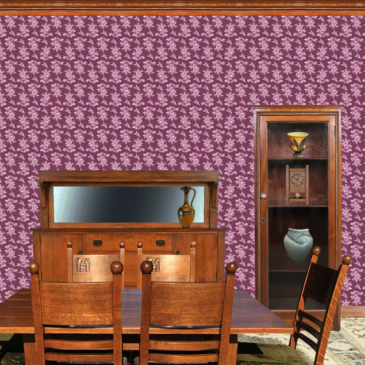 The artwork features a repeating pattern of large, stylized flowers and leaves in shades of pink and lavender against a rich Burgundy background. The flowers have elongated petals and leaves with intricate vein details, while the butterflies exhibit delicate wing shapes with matching color tones. Soft white floral accents complement the design, creating a harmonious and elegant botanical motif. The wallpaper design is shown in a Mission style dining room.