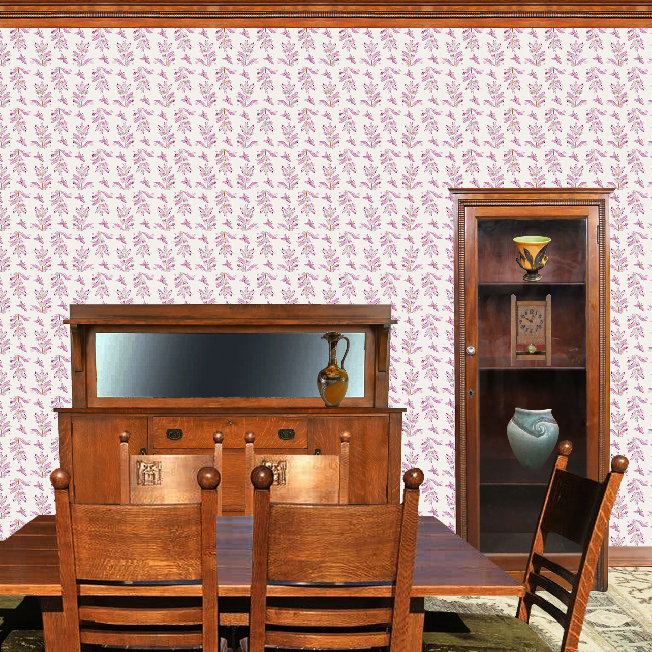 The artwork features a repeating pattern of large, stylized flowers and leaves in shades of pink and lavender against a rich Pink background. The flowers have elongated petals and leaves with intricate vein details, while the butterflies exhibit delicate wing shapes with matching color tones. Soft white floral accents complement the design, creating a harmonious and elegant botanical motif. The wallpaper design is shown in a Mission style dining room.