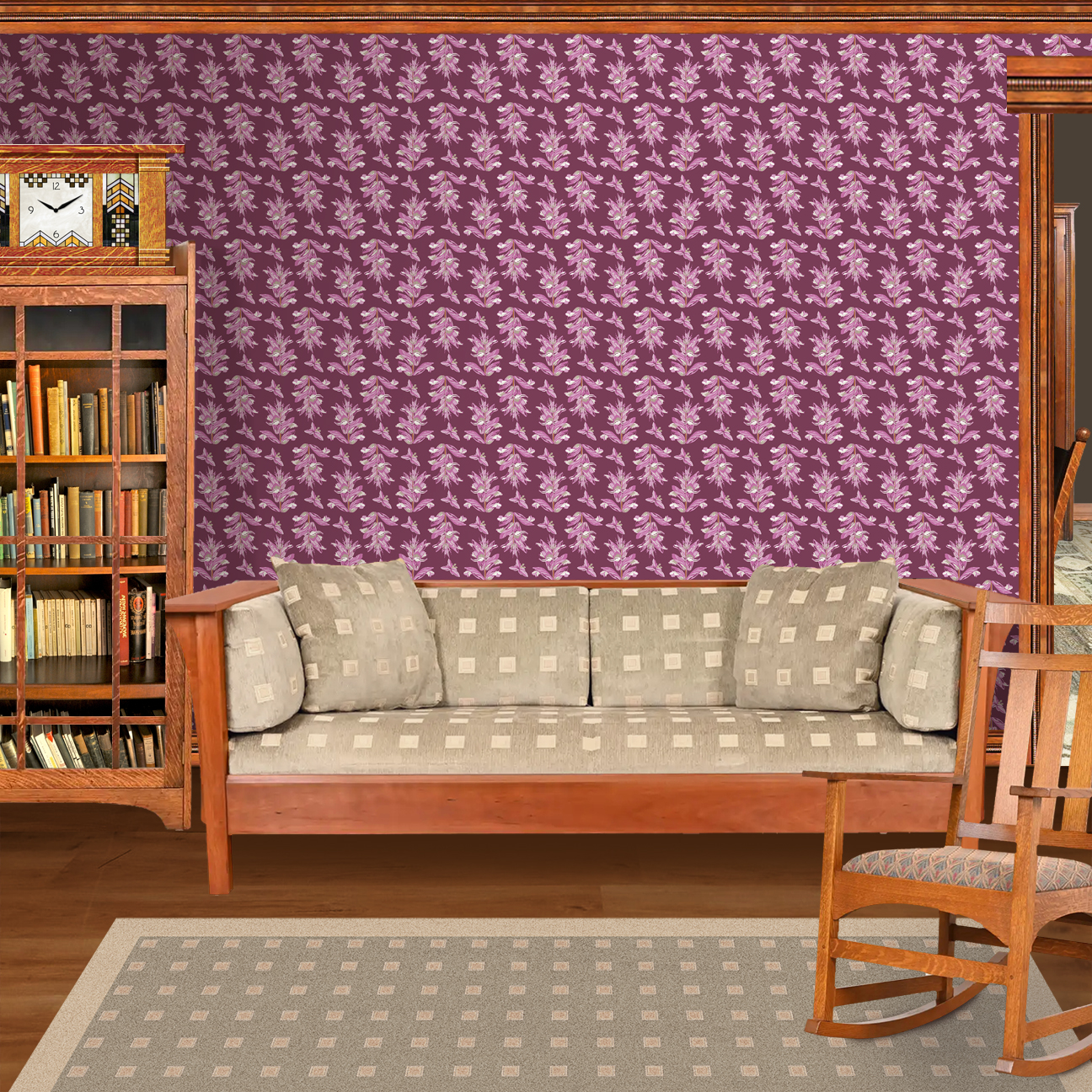 The artwork features a repeating pattern of large, stylized flowers and leaves in shades of pink and lavender against a rich Burgundy background. The flowers have elongated petals and leaves with intricate vein details, while the butterflies exhibit delicate wing shapes with matching color tones. Soft white floral accents complement the design, creating a harmonious and elegant botanical motif. The wallpaper design is shown in a Mission style living room