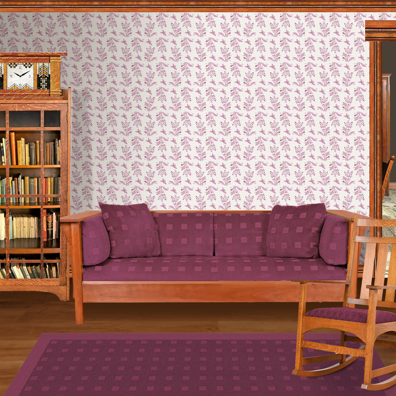 The artwork features a repeating pattern of large, stylized flowers and leaves in shades of pink and lavender against a rich Pink background. The flowers have elongated petals and leaves with intricate vein details, while the butterflies exhibit delicate wing shapes with matching color tones. Soft white floral accents complement the design, creating a harmonious and elegant botanical motif. The wallpaper design is shown in a Mission style living room