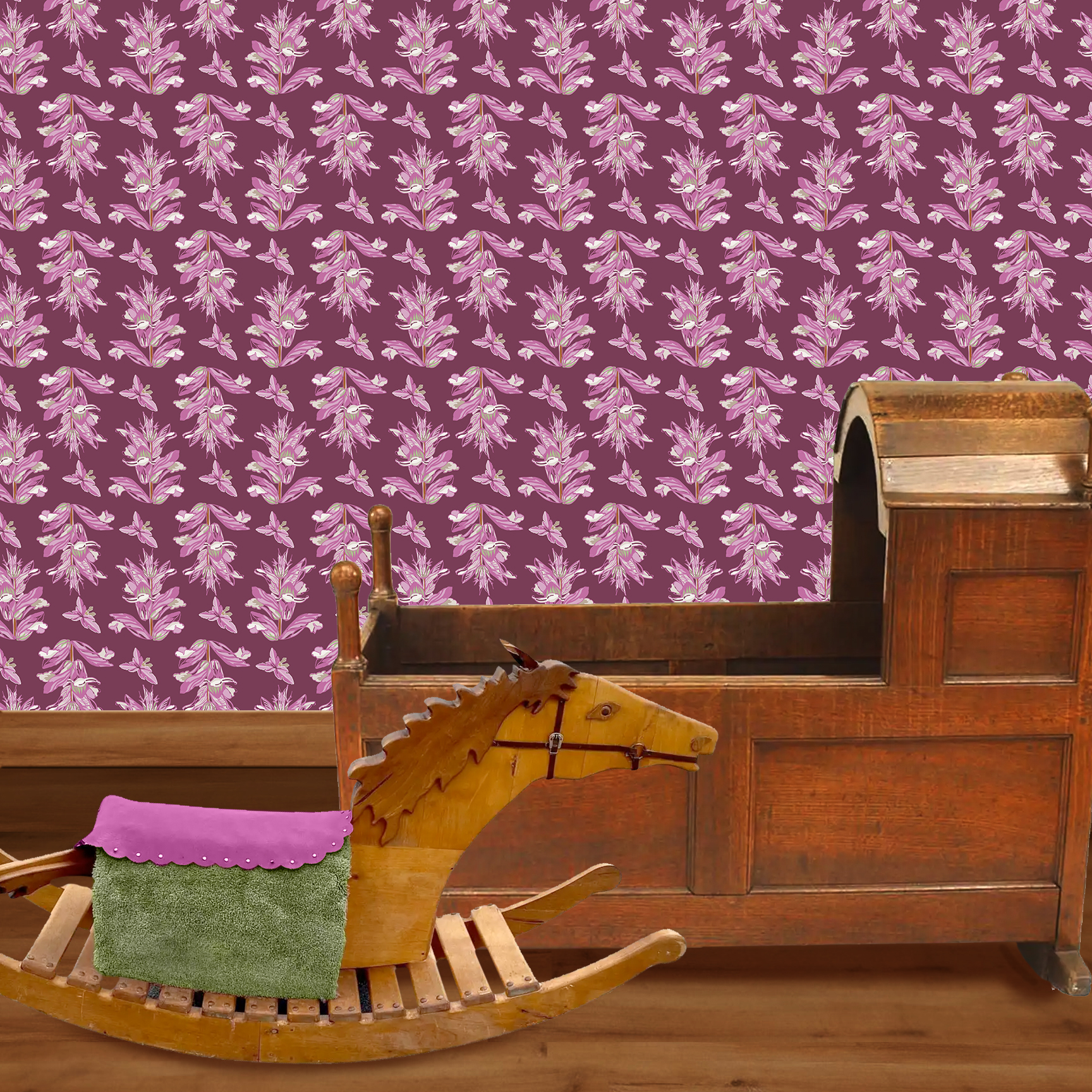 The artwork features a repeating pattern of large, stylized flowers and leaves in shades of pink and lavender against a rich Burgundy background. The flowers have elongated petals and leaves with intricate vein details, while the butterflies exhibit delicate wing shapes with matching color tones. Soft white floral accents complement the design, creating a harmonious and elegant botanical motif. The wallpaper design is shown in a Mission style nursery.