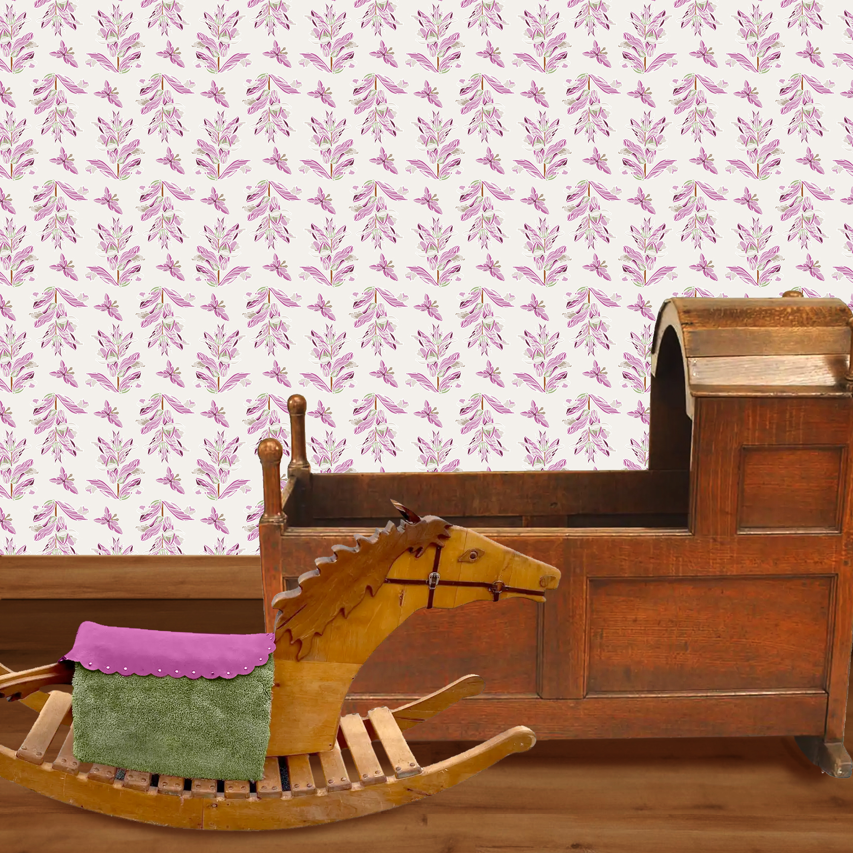 The artwork features a repeating pattern of large, stylized flowers and leaves in shades of pink and lavender against a rich Pink background. The flowers have elongated petals and leaves with intricate vein details, while the butterflies exhibit delicate wing shapes with matching color tones. Soft white floral accents complement the design, creating a harmonious and elegant botanical motif. The wallpaper design is shown in a Mission style nursery.