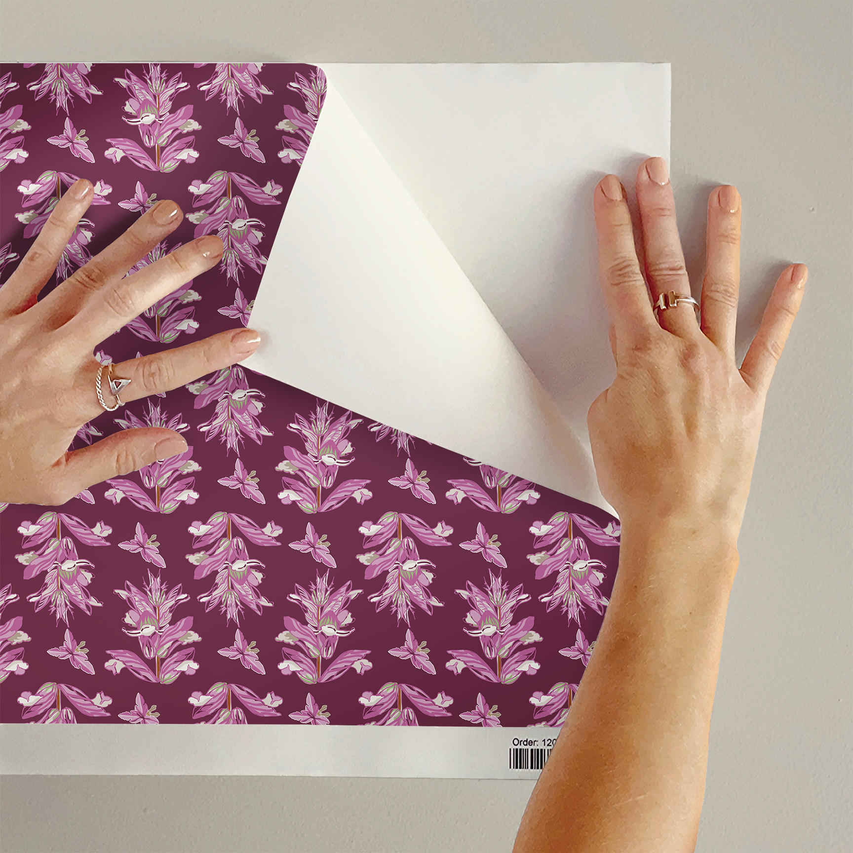 The artwork features a repeating pattern of large, stylized flowers and leaves in shades of pink and lavender against a rich Burgundy background. The flowers have elongated petals and leaves with intricate vein details, while the butterflies exhibit delicate wing shapes with matching color tones. Soft white floral accents complement the design, creating a harmonious and elegant botanical motif.