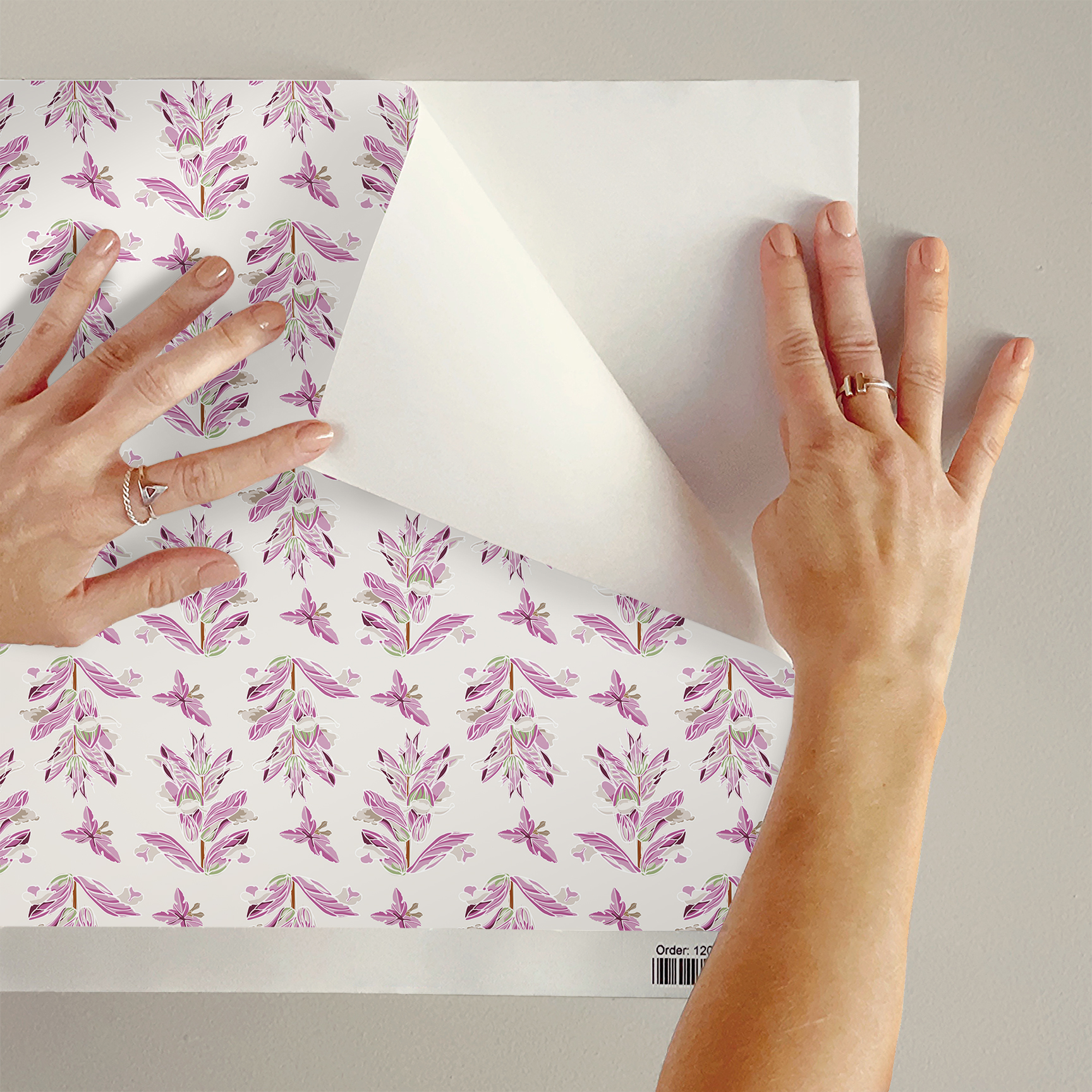 The artwork features a repeating pattern of large, stylized flowers and leaves in shades of pink and lavender against a rich Pink background. The flowers have elongated petals and leaves with intricate vein details, while the butterflies exhibit delicate wing shapes with matching color tones. Soft white floral accents complement the design, creating a harmonious and elegant botanical motif.