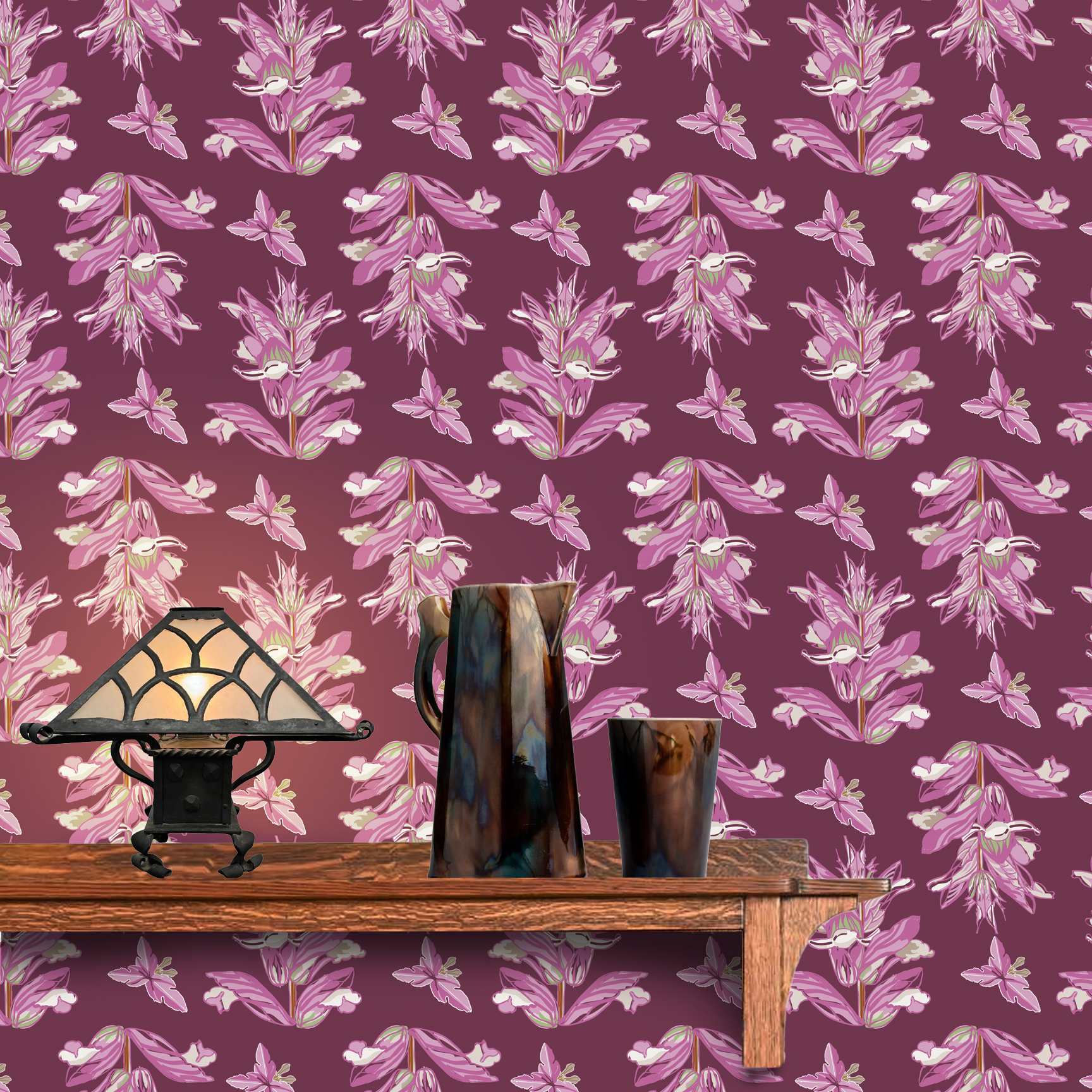 The artwork features a repeating pattern of large, stylized flowers and leaves in shades of pink and lavender against a rich Burgundy background. The flowers have elongated petals and leaves with intricate vein details, while the butterflies exhibit delicate wing shapes with matching color tones. Soft white floral accents complement the design, creating a harmonious and elegant botanical motif. The wallpaper design is shown behind a Mission style shelf.