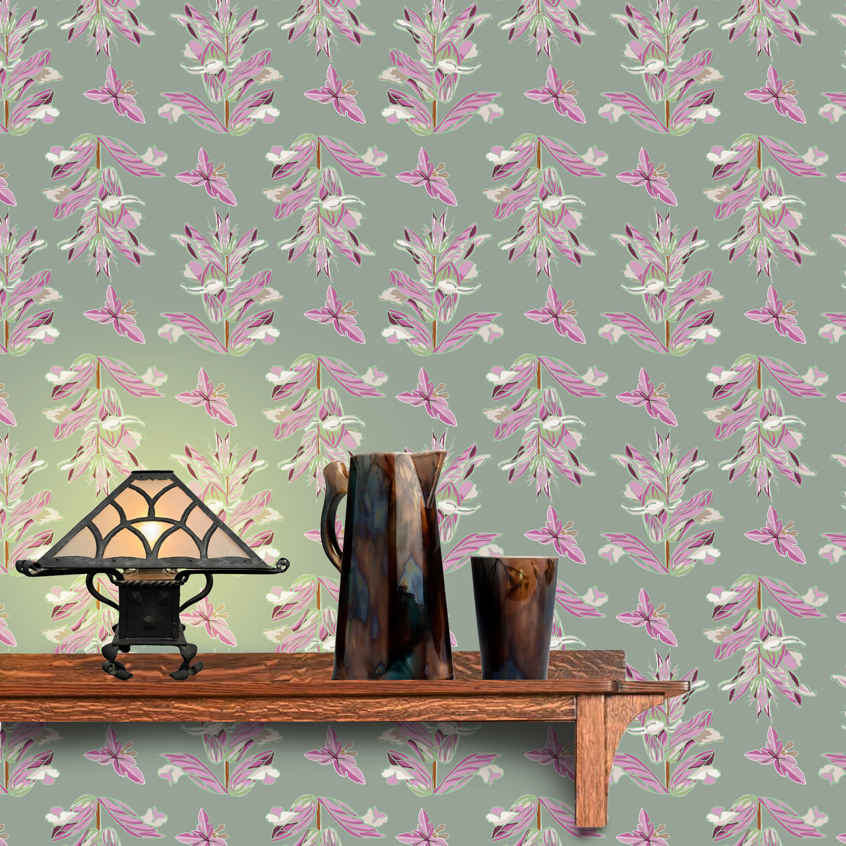 The artwork features a repeating pattern of large, stylized flowers and leaves in shades of pink and lavender against a rich sage background. The flowers have elongated petals and leaves with intricate vein details, while the butterflies exhibit delicate wing shapes with matching color tones. Soft white floral accents complement the design, creating a harmonious and elegant botanical motif. The wallpaper design is shown behind a Mission style shelf.