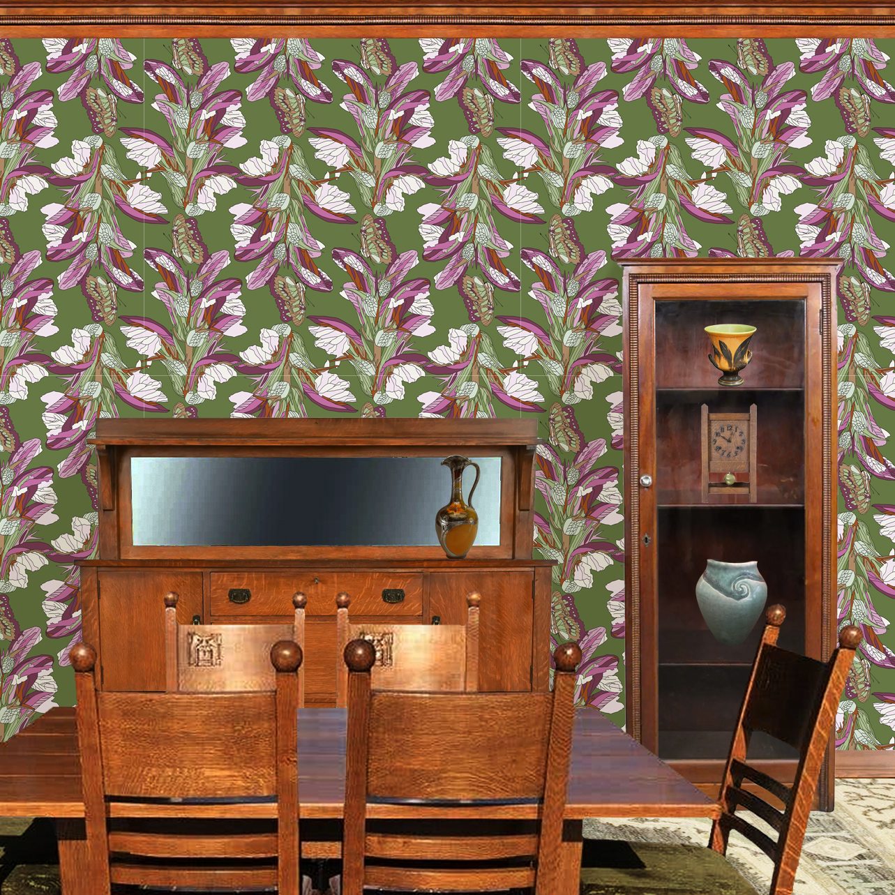 The artwork is a detailed, stylized pattern featuring butterflies and flowers. The background is an olive green color that contrasts with the dominant purples, pinks, and whites of the flowers. The flowers have elongated petals with intricate vein details, while the butterflies display delicate, patterned wings in shades of brown, pink, and beige. The composition is repeated seamlessly, creating a harmonious and balanced design with a natural, botanical theme. The wallpaper design is shown in a Mission style dining room.