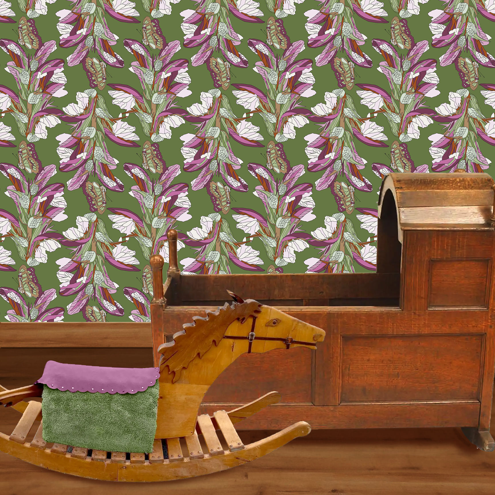 The artwork is a detailed, stylized pattern featuring butterflies and flowers. The background is an olive green color that contrasts with the dominant purples, pinks, and whites of the flowers. The flowers have elongated petals with intricate vein details, while the butterflies display delicate, patterned wings in shades of brown, pink, and beige. The composition is repeated seamlessly, creating a harmonious and balanced design with a natural, botanical theme. The wallpaper design is shown in a Mission style nursery.