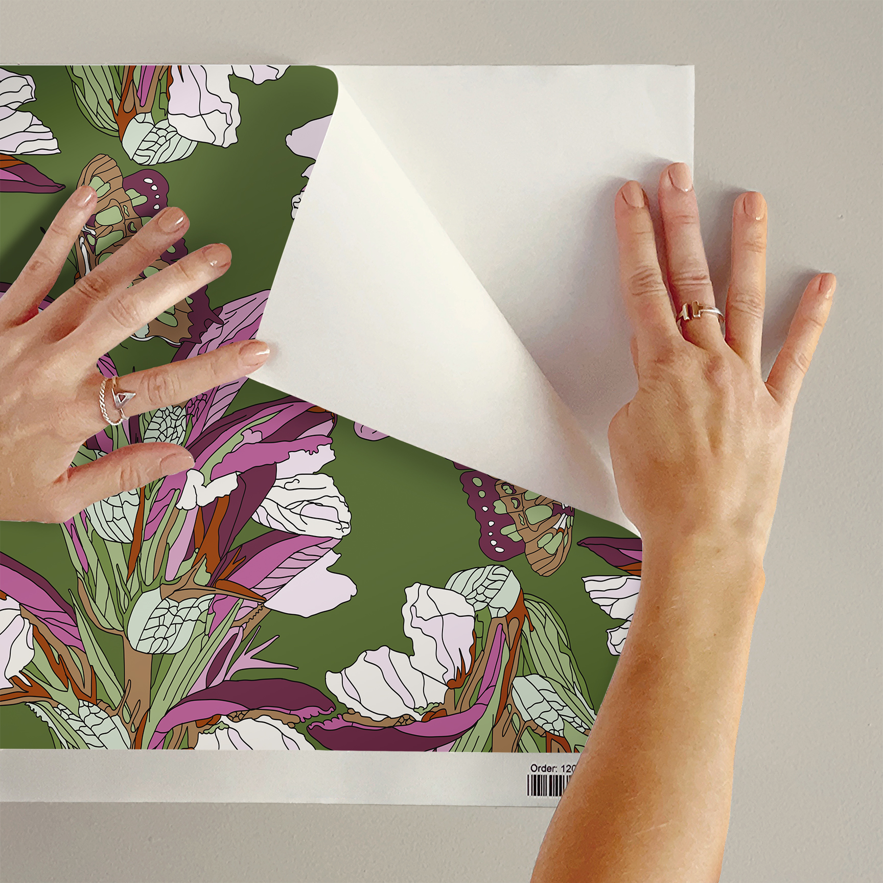 The artwork is a detailed, stylized pattern featuring butterflies and flowers. The background is an olive green color that contrasts with the dominant purples, pinks, and whites of the flowers. The flowers have elongated petals with intricate vein details, while the butterflies display delicate, patterned wings in shades of brown, pink, and beige. The composition is repeated seamlessly, creating a harmonious and balanced design with a natural, botanical theme.