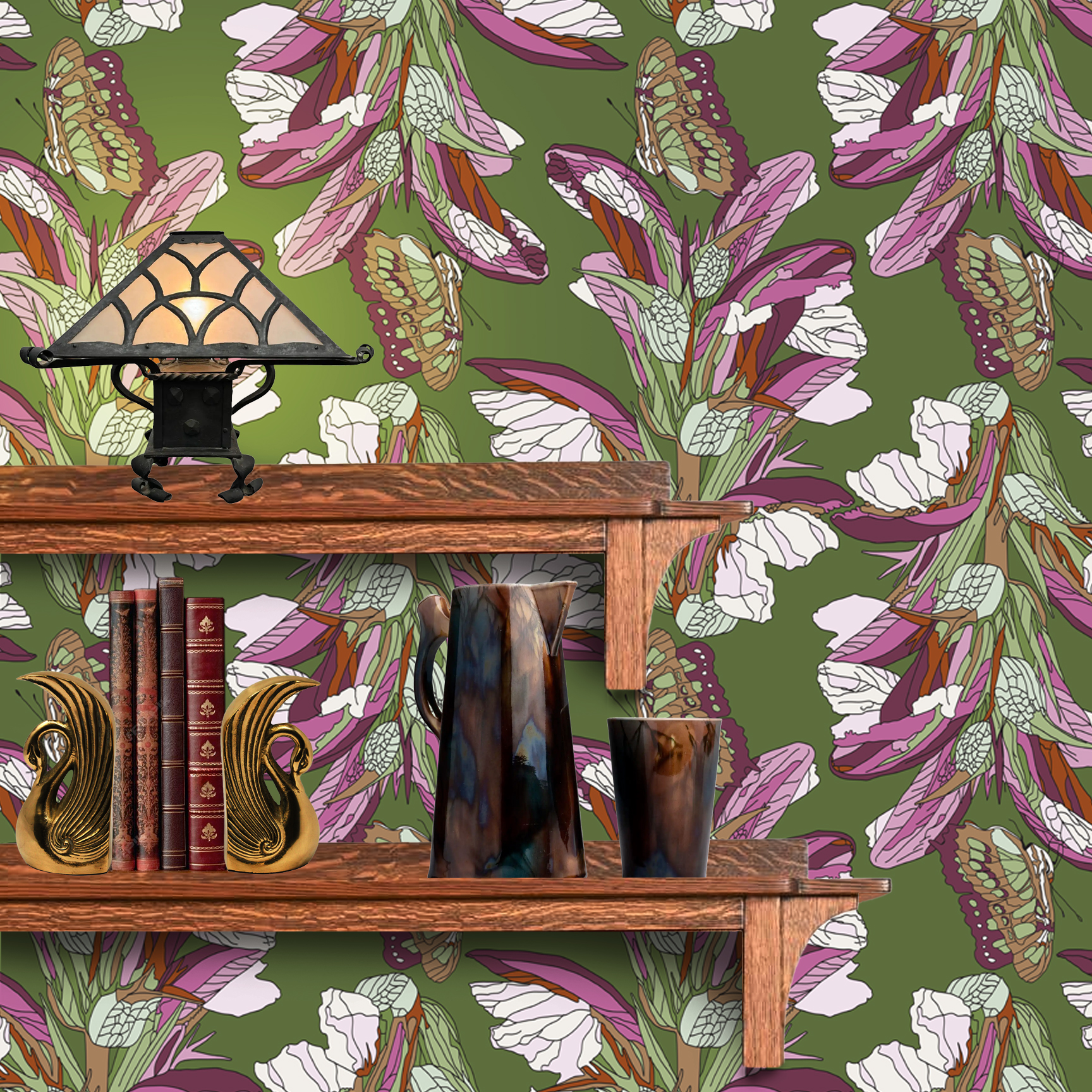 The artwork is a detailed, stylized pattern featuring butterflies and flowers. The background is an olive green color that contrasts with the dominant purples, pinks, and whites of the flowers. The flowers have elongated petals with intricate vein details, while the butterflies display delicate, patterned wings in shades of brown, pink, and beige. The composition is repeated seamlessly, creating a harmonious and balanced design with a natural, botanical theme. The wallpaper design is shown behind a Mission style shelf.