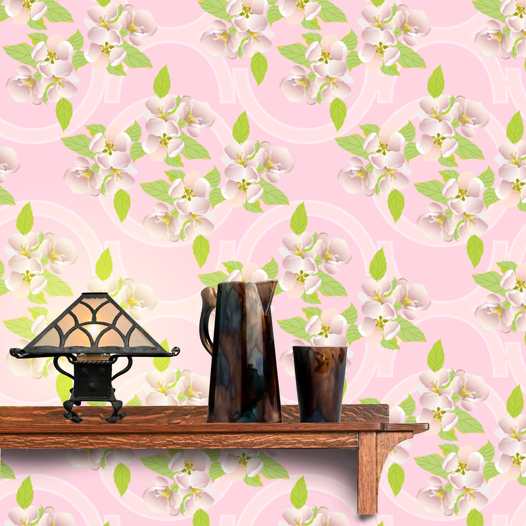 The artwork is a floral pattern showcasing delicate white and light pink blossoms with yellow stamens, complemented by vibrant green leaves. The flowers and leaves are distributed evenly across a soft pink background, which features subtle, pale geometric shapes that add depth without overpowering the organic floral elements.  The composition blends a gentle pastel color scheme with natural motifs, creating a light, fresh, and elegant aesthetic The wallpaper design is shown behind a Mission style shelf.
