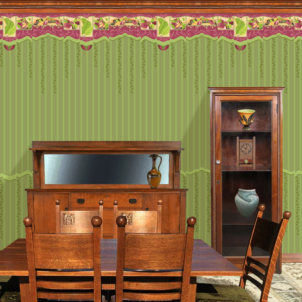 The artwork is a decorative design featuring a combination of floral and leafy elements with a crafts-inspired theme. The upper section includes a maroon band adorned with patterns and a series of rectangular panels showcasing illustrations of apples and apple leaves in soft, natural colors such as green, purple, and beige. Below this, a green scalloped border transitions into vertical green stripes and leaf motifs in varying shades of green. The design emphasizes a harmonious blend of nature-inspired elements with a textured, handcrafted aesthetic. The wallpaper design is shown in a Mission style dining room.