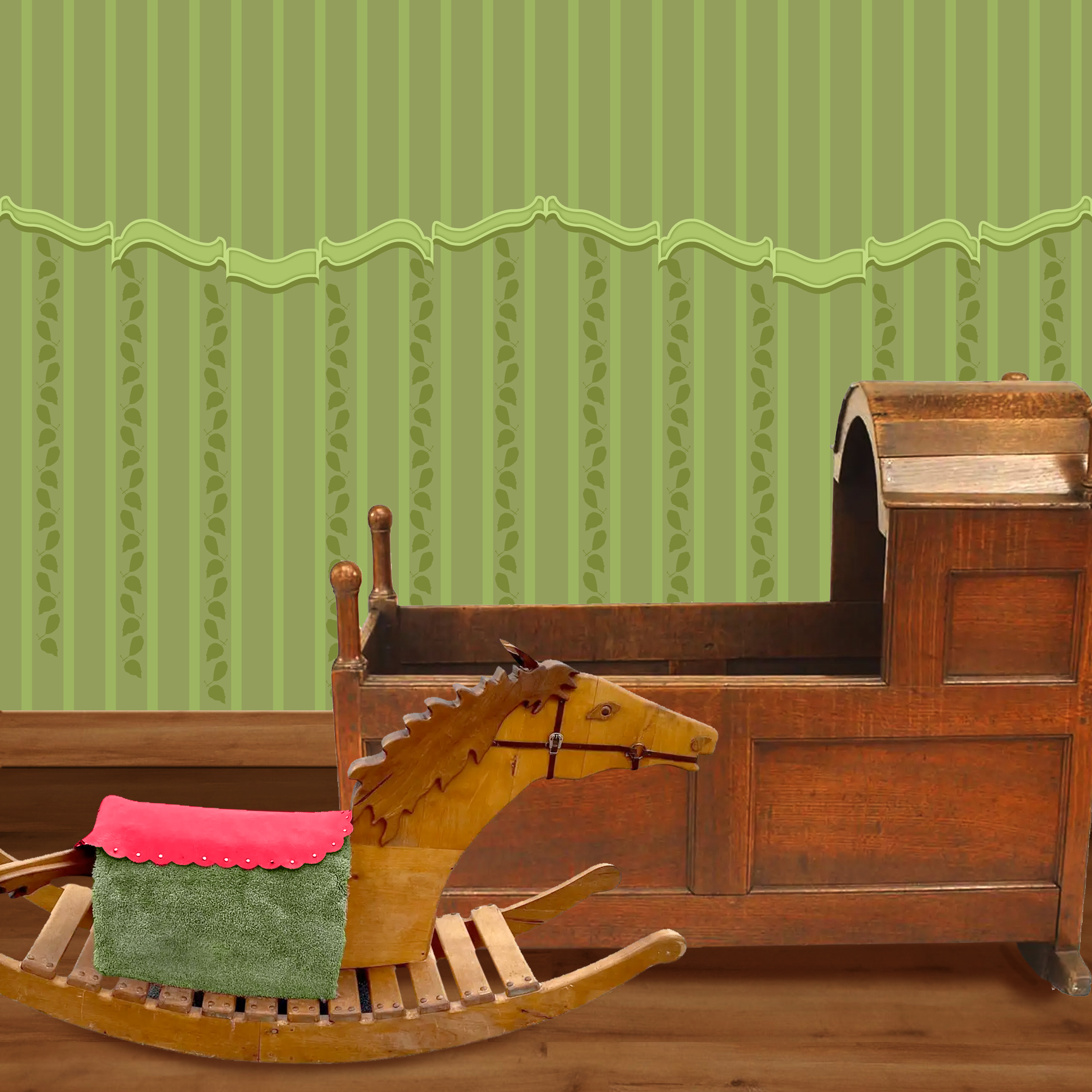 The artwork is a decorative design featuring a combination of floral and leafy elements with a crafts-inspired theme. The upper section includes a maroon band adorned with patterns and a series of rectangular panels showcasing illustrations of apples and apple leaves in soft, natural colors such as green, purple, and beige. Below this, a green scalloped border transitions into vertical green stripes and leaf motifs in varying shades of green. The design emphasizes a harmonious blend of nature-inspired elements with a textured, handcrafted aesthetic. The wallpaper design is shown in a Mission style nursery.