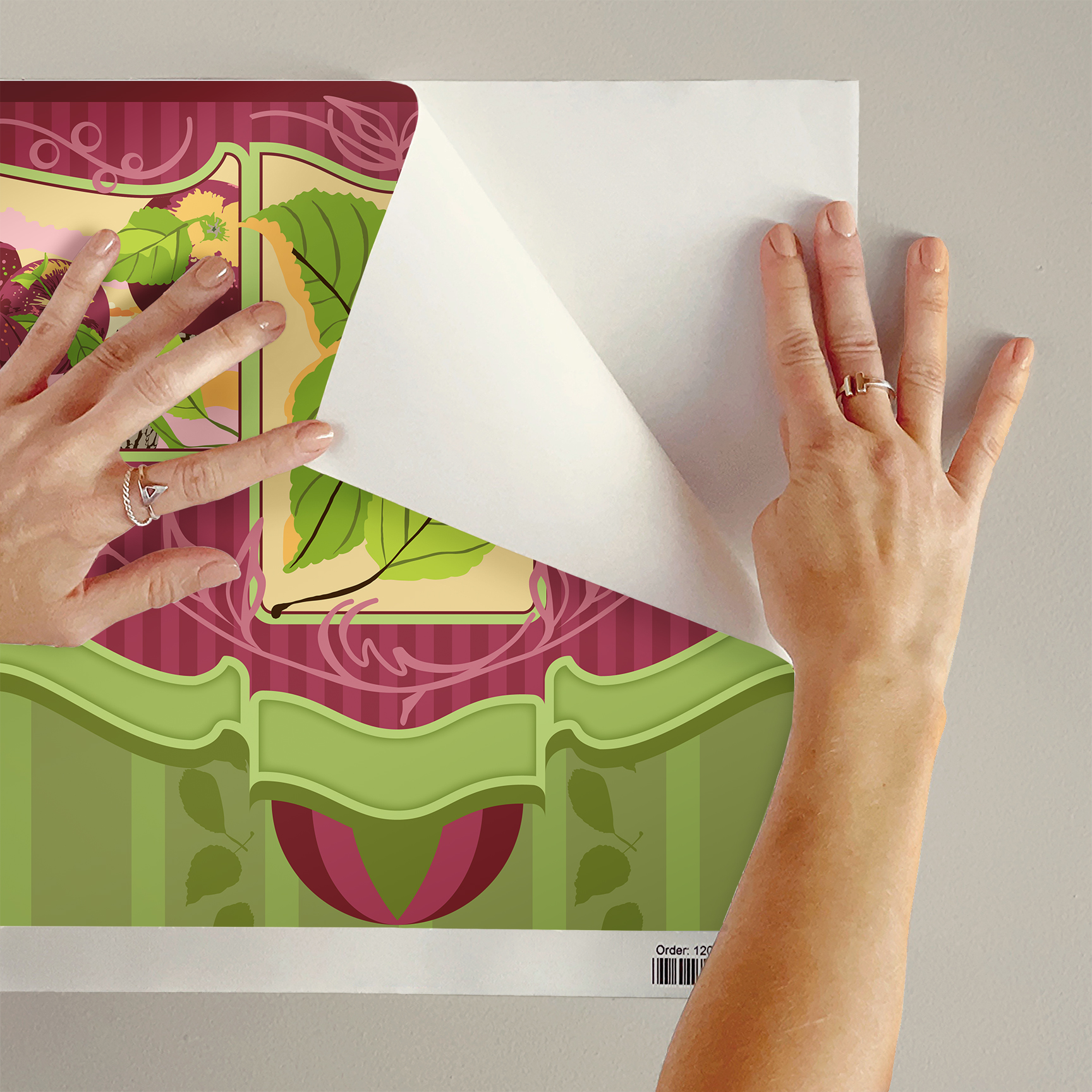 The artwork is a decorative design featuring a combination of floral and leafy elements with a crafts-inspired theme. The upper section includes a maroon band adorned with patterns and a series of rectangular panels showcasing illustrations of apples and apple leaves in soft, natural colors such as green, purple, and beige. Below this, a green scalloped border transitions into vertical green stripes and leaf motifs in varying shades of green. The design emphasizes a harmonious blend of nature-inspired elements with a textured, handcrafted aesthetic.