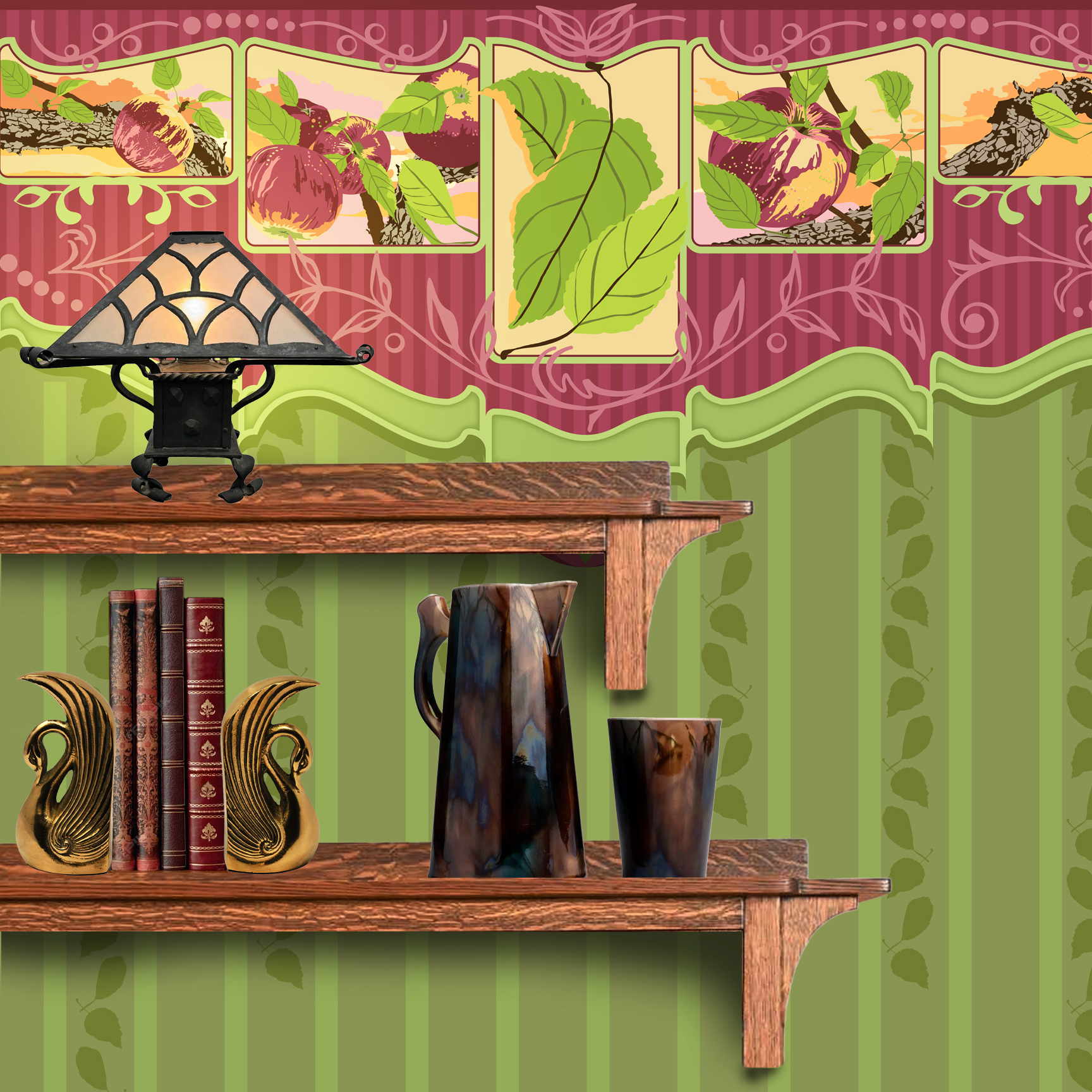 The artwork is a decorative design featuring a combination of floral and leafy elements with a crafts-inspired theme. The upper section includes a maroon band adorned with patterns and a series of rectangular panels showcasing illustrations of apples and apple leaves in soft, natural colors such as green, purple, and beige. Below this, a green scalloped border transitions into vertical green stripes and leaf motifs in varying shades of green. The design emphasizes a harmonious blend of nature-inspired elements with a textured, handcrafted aesthetic. The wallpaper design is shown behind a Mission style shelf.