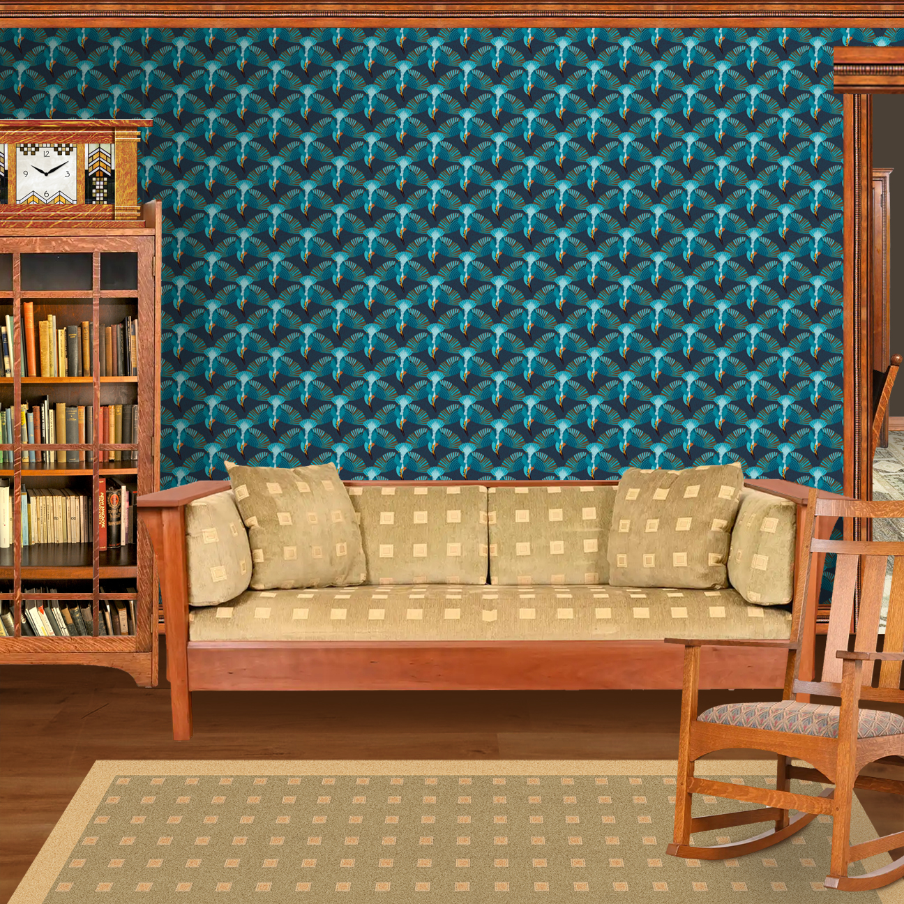 The artwork is a repeating pattern featuring stylized kingfisher birds illustrated in vibrant shades of blue, teal, and orange. Each bird is depicted in a dynamic pose, diving downward with wings fully spread and tail feathers fanned out. The background is dark navy with subtle, curving contour-like lines that add depth and texture without distracting from the birds. The overall composition creates an energetic and harmonious rhythm through the repetition of the detailed, geometric plumage and the crisp outlines, capturing the essence of motion and nature with a modern graphic design approach. The wallpaper design is shown in a Mission style living room