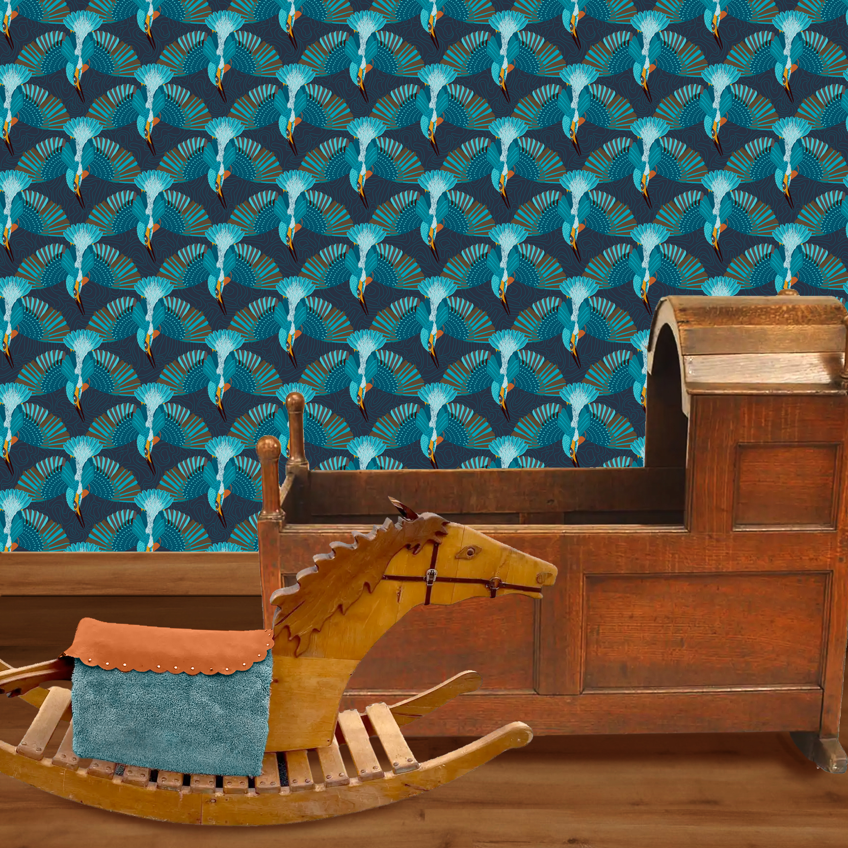 The artwork is a repeating pattern featuring stylized kingfisher birds illustrated in vibrant shades of blue, teal, and orange. Each bird is depicted in a dynamic pose, diving downward with wings fully spread and tail feathers fanned out. The background is dark navy with subtle, curving contour-like lines that add depth and texture without distracting from the birds. The overall composition creates an energetic and harmonious rhythm through the repetition of the detailed, geometric plumage and the crisp outlines, capturing the essence of motion and nature with a modern graphic design approach. The wallpaper design is shown in a Mission style nursery.