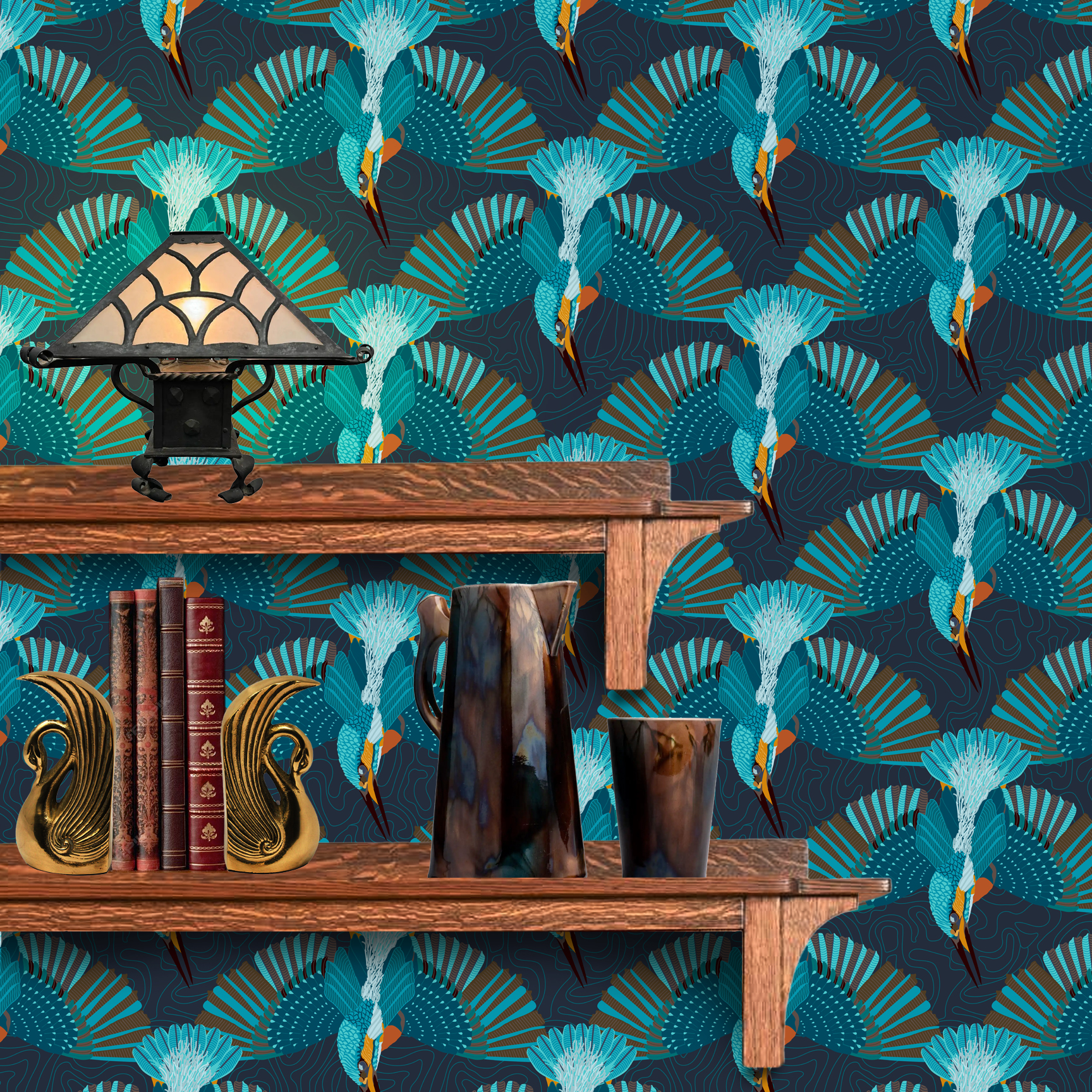 The artwork is a repeating pattern featuring stylized kingfisher birds illustrated in vibrant shades of blue, teal, and orange. Each bird is depicted in a dynamic pose, diving downward with wings fully spread and tail feathers fanned out. The background is dark navy with subtle, curving contour-like lines that add depth and texture without distracting from the birds. The overall composition creates an energetic and harmonious rhythm through the repetition of the detailed, geometric plumage and the crisp outlines, capturing the essence of motion and nature with a modern graphic design approach. The wallpaper design is shown behind a Mission style shelf.