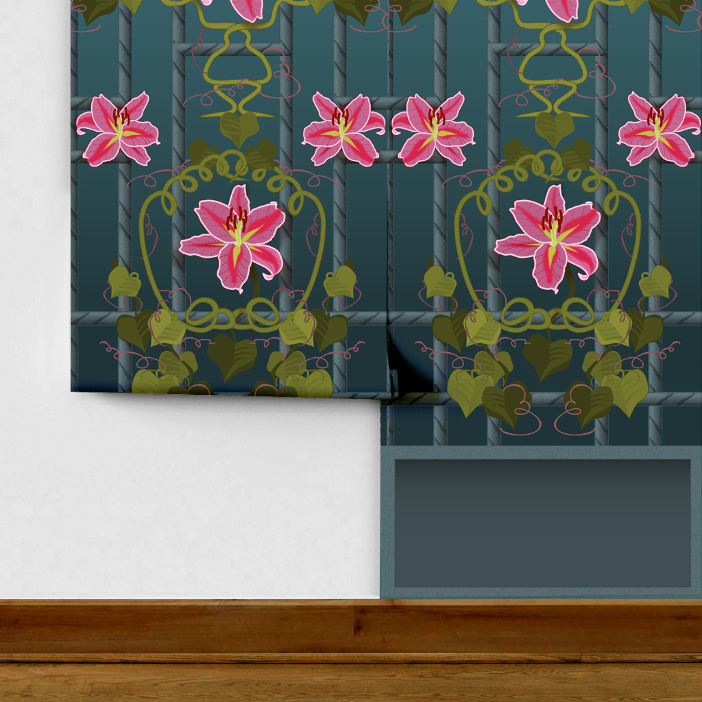 The artwork is a vertical panel featuring a symmetrical design of vibrant pink lilies with yellow and white accents in their petals. The flowers are intertwined with olive-green vines and heart-shaped leaves that wind gracefully across the panel. The background is a gradient of dark to light teal, divided by a lattice-like grid of thick, dark horizontal and vertical lines with a zigzagged edge surrounding the entire image. The floral elements create a striking contrast against the geometric background, blending organic forms with structured patterns for a balanced, elegant composition.