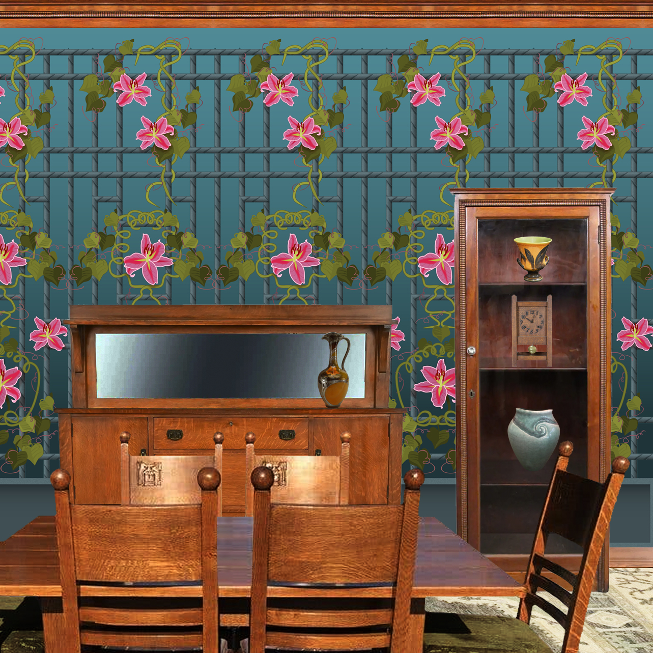 The artwork is a vertical panel featuring a symmetrical design of vibrant pink lilies with yellow and white accents in their petals. The flowers are intertwined with olive-green vines and heart-shaped leaves that wind gracefully across the panel. The background is a gradient of dark to light teal, divided by a lattice-like grid of thick, dark horizontal and vertical lines with a zigzagged edge surrounding the entire image. The floral elements create a striking contrast against the geometric background, blending organic forms with structured patterns for a balanced, elegant composition. The wallpaper design is shown in a Mission style dining room.