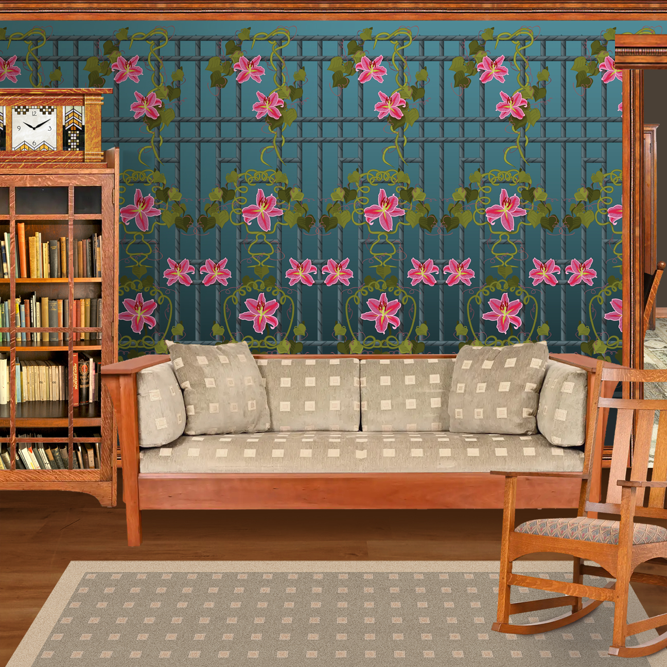 The artwork is a vertical panel featuring a symmetrical design of vibrant pink lilies with yellow and white accents in their petals. The flowers are intertwined with olive-green vines and heart-shaped leaves that wind gracefully across the panel. The background is a gradient of dark to light teal, divided by a lattice-like grid of thick, dark horizontal and vertical lines with a zigzagged edge surrounding the entire image. The floral elements create a striking contrast against the geometric background, blending organic forms with structured patterns for a balanced, elegant composition. The wallpaper design is shown in a Mission style living room