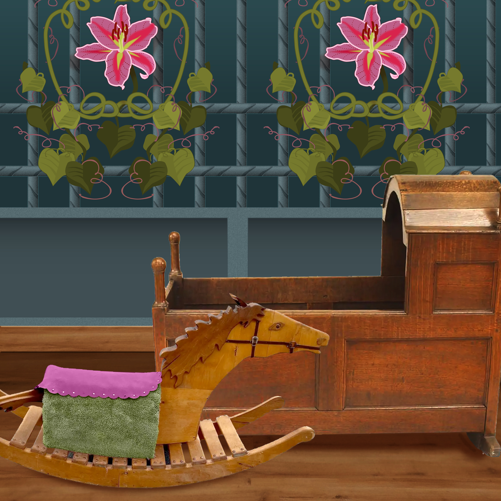 The artwork is a vertical panel featuring a symmetrical design of vibrant pink lilies with yellow and white accents in their petals. The flowers are intertwined with olive-green vines and heart-shaped leaves that wind gracefully across the panel. The background is a gradient of dark to light teal, divided by a lattice-like grid of thick, dark horizontal and vertical lines with a zigzagged edge surrounding the entire image. The floral elements create a striking contrast against the geometric background, blending organic forms with structured patterns for a balanced, elegant composition. The wallpaper design is shown in a Mission style nursery.