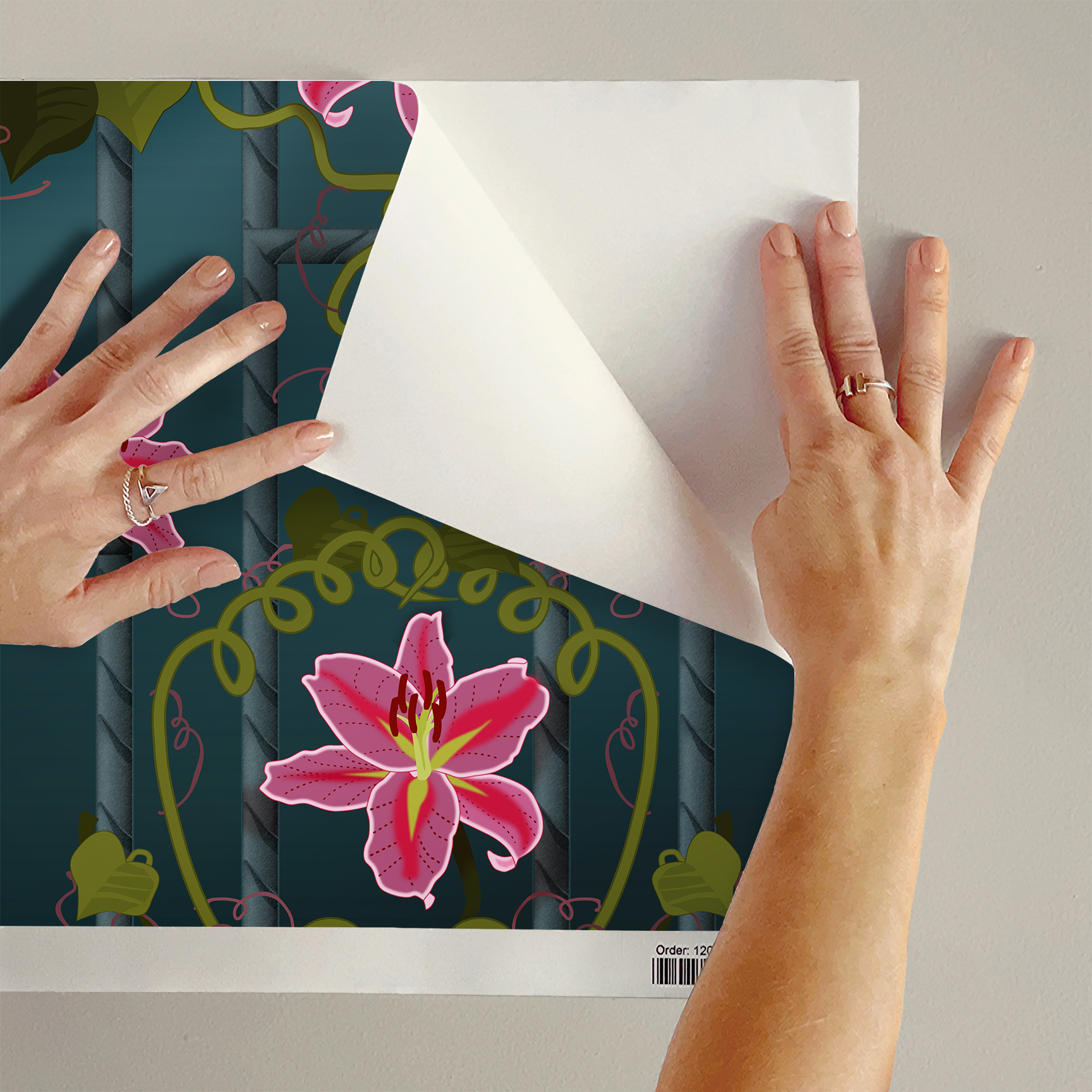 The artwork is a vertical panel featuring a symmetrical design of vibrant pink lilies with yellow and white accents in their petals. The flowers are intertwined with olive-green vines and heart-shaped leaves that wind gracefully across the panel. The background is a gradient of dark to light teal, divided by a lattice-like grid of thick, dark horizontal and vertical lines with a zigzagged edge surrounding the entire image. The floral elements create a striking contrast against the geometric background, blending organic forms with structured patterns for a balanced, elegant composition. 