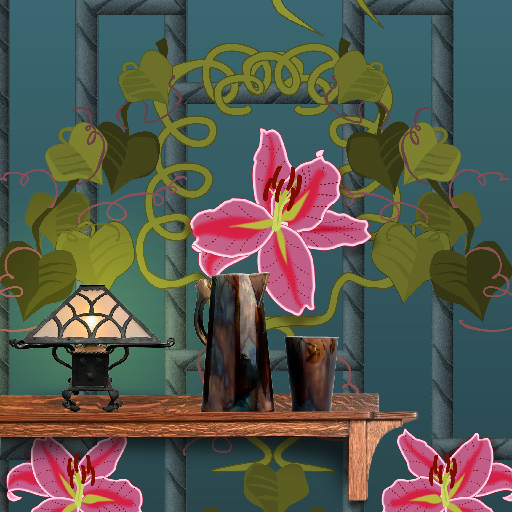 The artwork is a vertical panel featuring a symmetrical design of vibrant pink lilies with yellow and white accents in their petals. The flowers are intertwined with olive-green vines and heart-shaped leaves that wind gracefully across the panel. The background is a gradient of dark to light teal, divided by a lattice-like grid of thick, dark horizontal and vertical lines with a zigzagged edge surrounding the entire image. The floral elements create a striking contrast against the geometric background, blending organic forms with structured patterns for a balanced, elegant composition. The wallpaper design is shown behind a Mission style shelf.