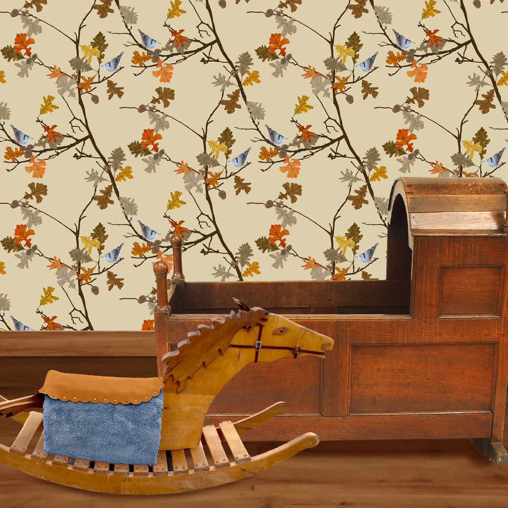 The artwork consists of delicate autumn branches adorned with detailed oak leaves in various shades of orange, yellow, brown, and tan. The branches intertwine gracefully against a solid beige background, creating an elegant and natural composition. Two small nuthatch birds with intricate black-and-white plumage are perched among the leaves, adding a subtle contrast and a lively element to the piece. Tree frogs are nestled in the joining twigs. The overall style is refined and decorative, highlighting the beauty of fall foliage and wildlife. The wallpaper design is shown in a Mission style nursery.