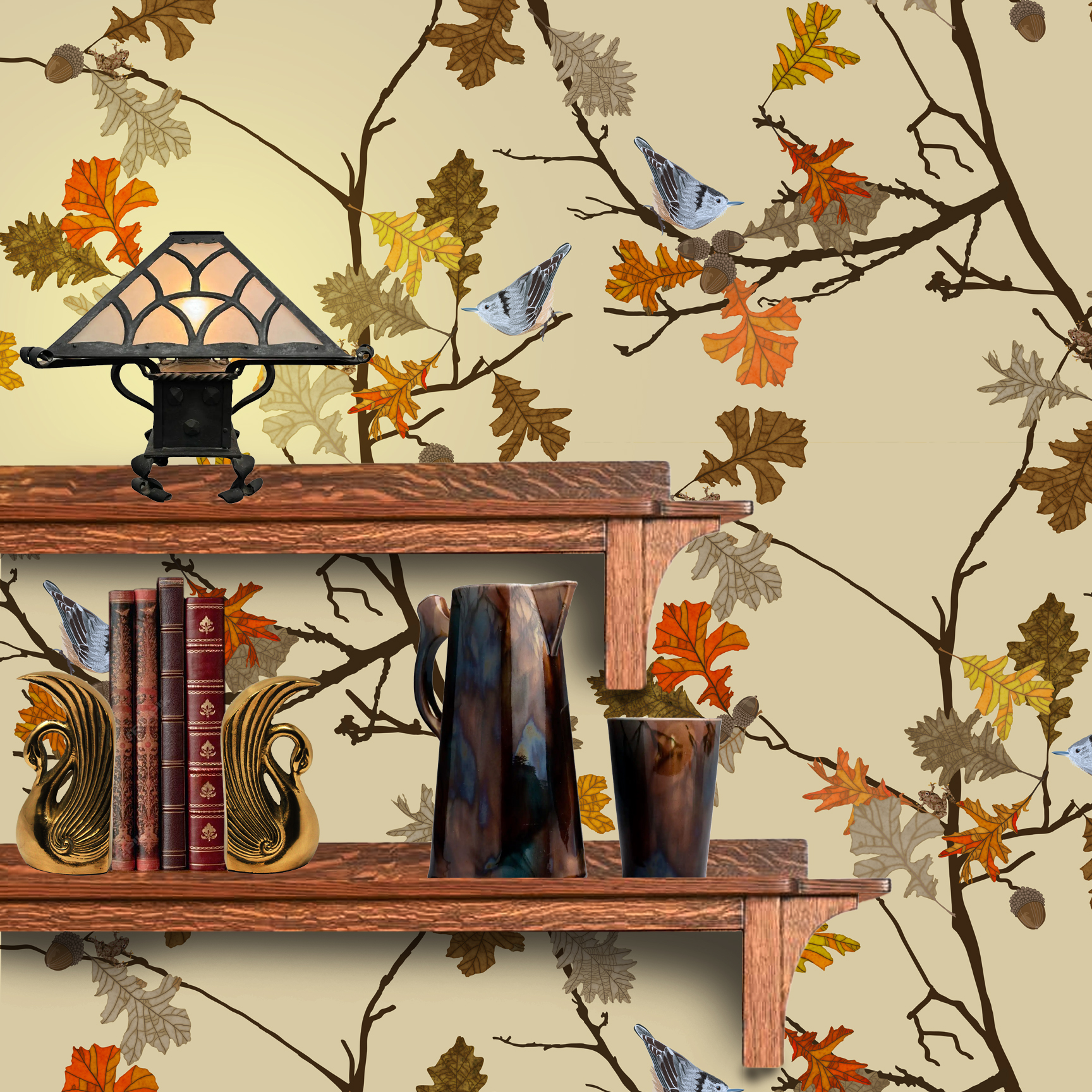 The artwork consists of delicate autumn branches adorned with detailed oak leaves in various shades of orange, yellow, brown, and tan. The branches intertwine gracefully against a solid beige background, creating an elegant and natural composition. Two small nuthatch birds with intricate black-and-white plumage are perched among the leaves, adding a subtle contrast and a lively element to the piece. Tree frogs are nestled in the joining twigs. The overall style is refined and decorative, highlighting the beauty of fall foliage and wildlife. The wallpaper design is shown behind a Mission style shelf.