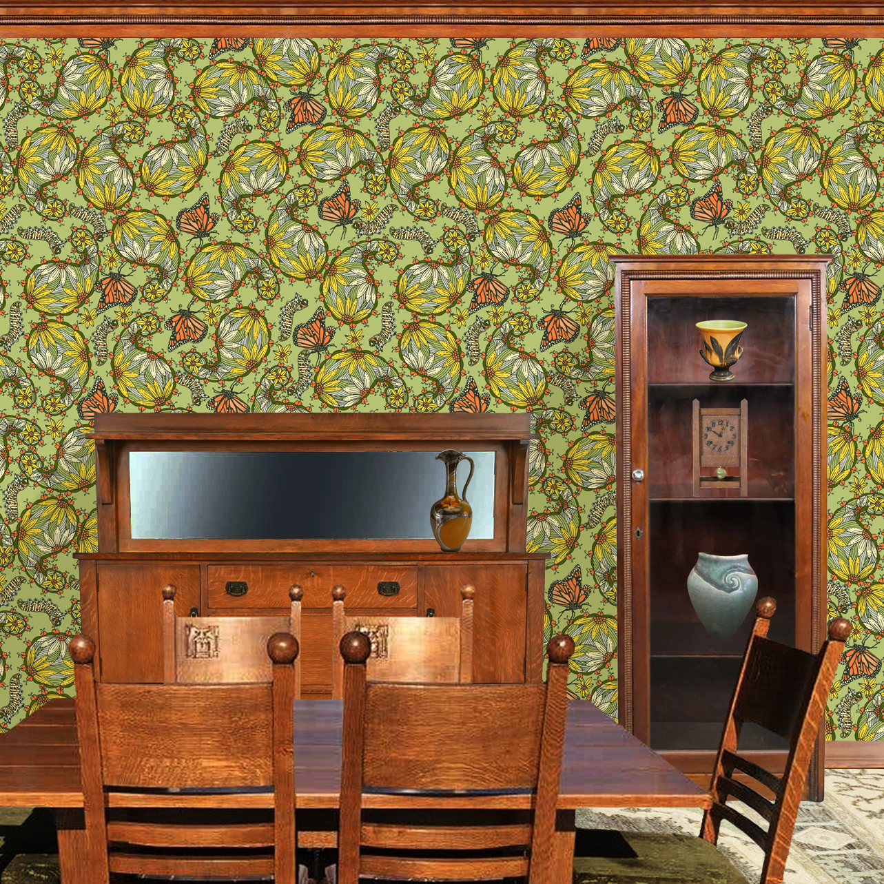 The artwork features a dense, seamless pattern composed of intricately detailed butterflies, caterpillars, and flowers. The butterflies are primarily orange with black and white accents, conveying a monarch butterfly design. The caterpillars are segmented and textured with earthy tones of green and beige, blending naturally with the floral elements. The flowers have petals colored in shades of pale pink and green, with leaves interspersed throughout the composition. The background is a light, muted yellow, which enhances the vibrant colors of the butterflies and floral motifs. The overall design is highly decorative and organic, showcasing a lyrical interplay between the stages of a butterfly's life cycle and plant life. The wallpaper design is shown in a Mission style dining room.