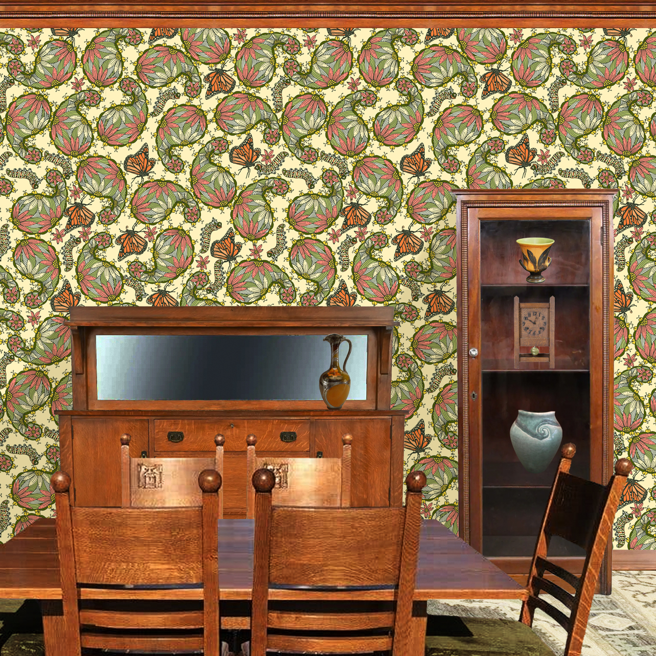 The artwork features a dense, seamless pattern composed of intricately detailed butterflies, caterpillars, and flowers. The butterflies are primarily orange with black and white accents, conveying a monarch butterfly design. The caterpillars are segmented and textured with earthy tones of green and beige, blending naturally with the floral elements. The flowers have petals colored in shades of pale pink and green, with leaves interspersed throughout the composition. The background is a light, muted yellow, which enhances the vibrant colors of the butterflies and floral motifs. The overall design is highly decorative and organic, showcasing a lyrical interplay between the stages of a butterfly's life cycle and plant life. The wallpaper design is shown in a Mission style dining room.