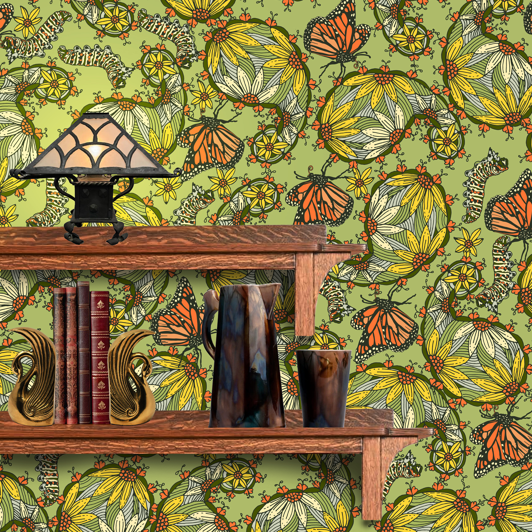 The artwork features a dense, seamless pattern composed of intricately detailed butterflies, caterpillars, and flowers. The butterflies are primarily orange with black and white accents, conveying a monarch butterfly design. The caterpillars are segmented and textured with earthy tones of green and beige, blending naturally with the floral elements. The flowers have petals colored in shades of pale pink and green, with leaves interspersed throughout the composition. The background is a light, muted yellow, which enhances the vibrant colors of the butterflies and floral motifs. The overall design is highly decorative and organic, showcasing a lyrical interplay between the stages of a butterfly's life cycle and plant life. The wallpaper design is shown behind a Mission style shelf.