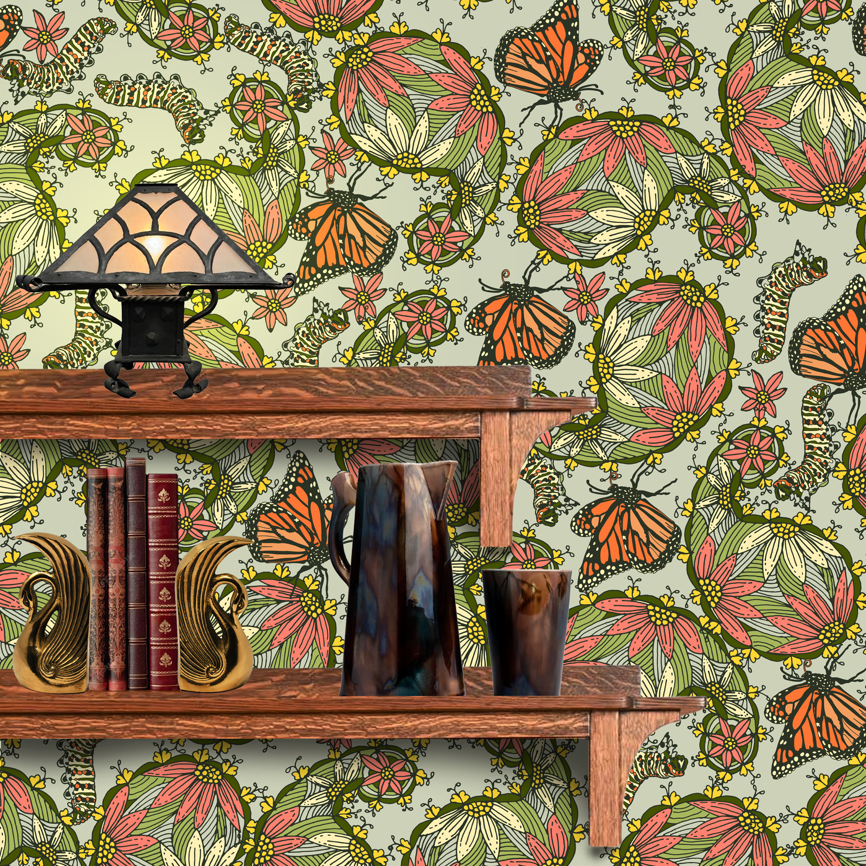 The artwork features a dense, seamless pattern composed of intricately detailed butterflies, caterpillars, and flowers. The butterflies are primarily orange with black and white accents, conveying a monarch butterfly design. The caterpillars are segmented and textured with earthy tones of green and beige, blending naturally with the floral elements. The flowers have petals colored in shades of pale pink and green, with leaves interspersed throughout the composition. The background is a light, muted yellow, which enhances the vibrant colors of the butterflies and floral motifs. The overall design is highly decorative and organic, showcasing a lyrical interplay between the stages of a butterfly's life cycle and plant life. The wallpaper design is shown behind a Mission style shelf.
