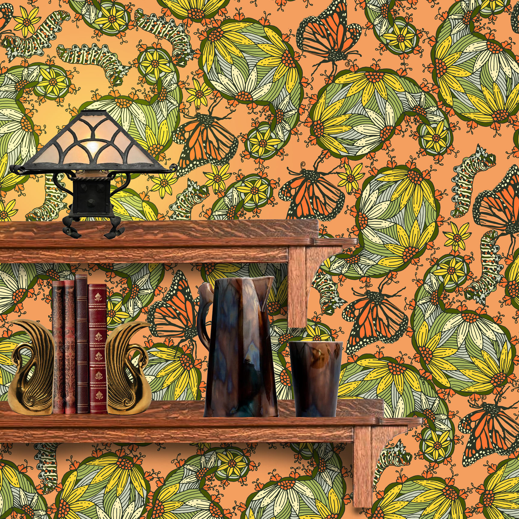 The artwork features a dense, seamless pattern composed of intricately detailed butterflies, caterpillars, and flowers. The butterflies are primarily orange with black and white accents, conveying a monarch butterfly design. The caterpillars are segmented and textured with earthy tones of green and beige, blending naturally with the floral elements. The flowers have petals colored in shades of pale pink and green, with leaves interspersed throughout the composition. The background is a light, muted yellow, which enhances the vibrant colors of the butterflies and floral motifs. The overall design is highly decorative and organic, showcasing a lyrical interplay between the stages of a butterfly's life cycle and plant life. The wallpaper design is shown behind a Mission style shelf.