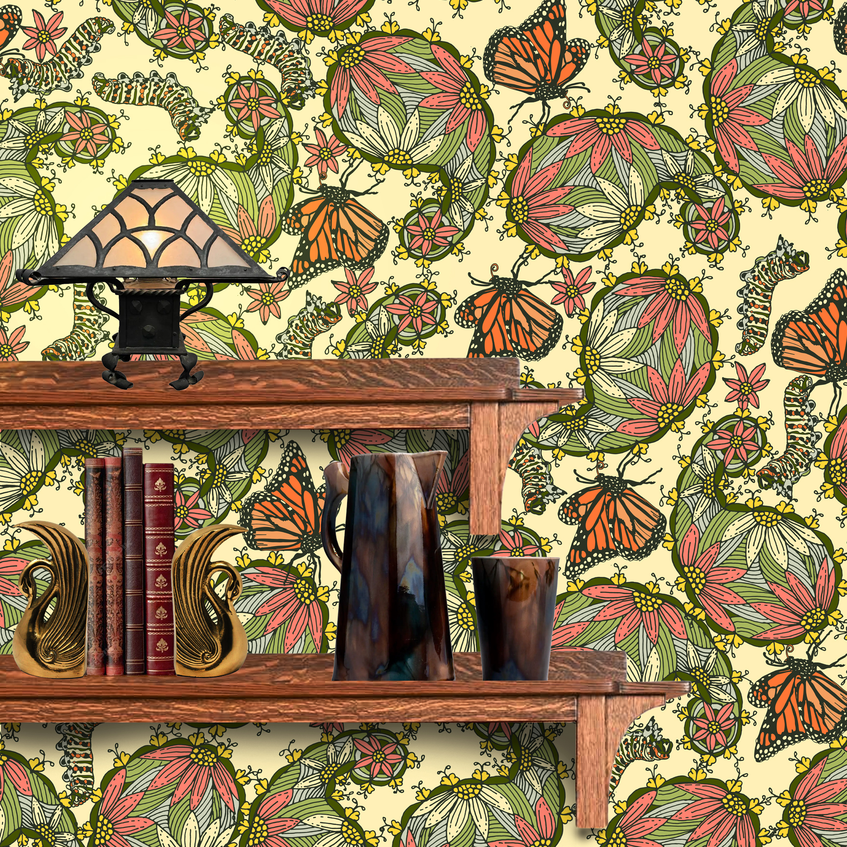 The artwork features a dense, seamless pattern composed of intricately detailed butterflies, caterpillars, and flowers. The butterflies are primarily orange with black and white accents, conveying a monarch butterfly design. The caterpillars are segmented and textured with earthy tones of green and beige, blending naturally with the floral elements. The flowers have petals colored in shades of pale pink and green, with leaves interspersed throughout the composition. The background is a light, muted yellow, which enhances the vibrant colors of the butterflies and floral motifs. The overall design is highly decorative and organic, showcasing a lyrical interplay between the stages of a butterfly's life cycle and plant life. The wallpaper design is shown behind a Mission style shelf.