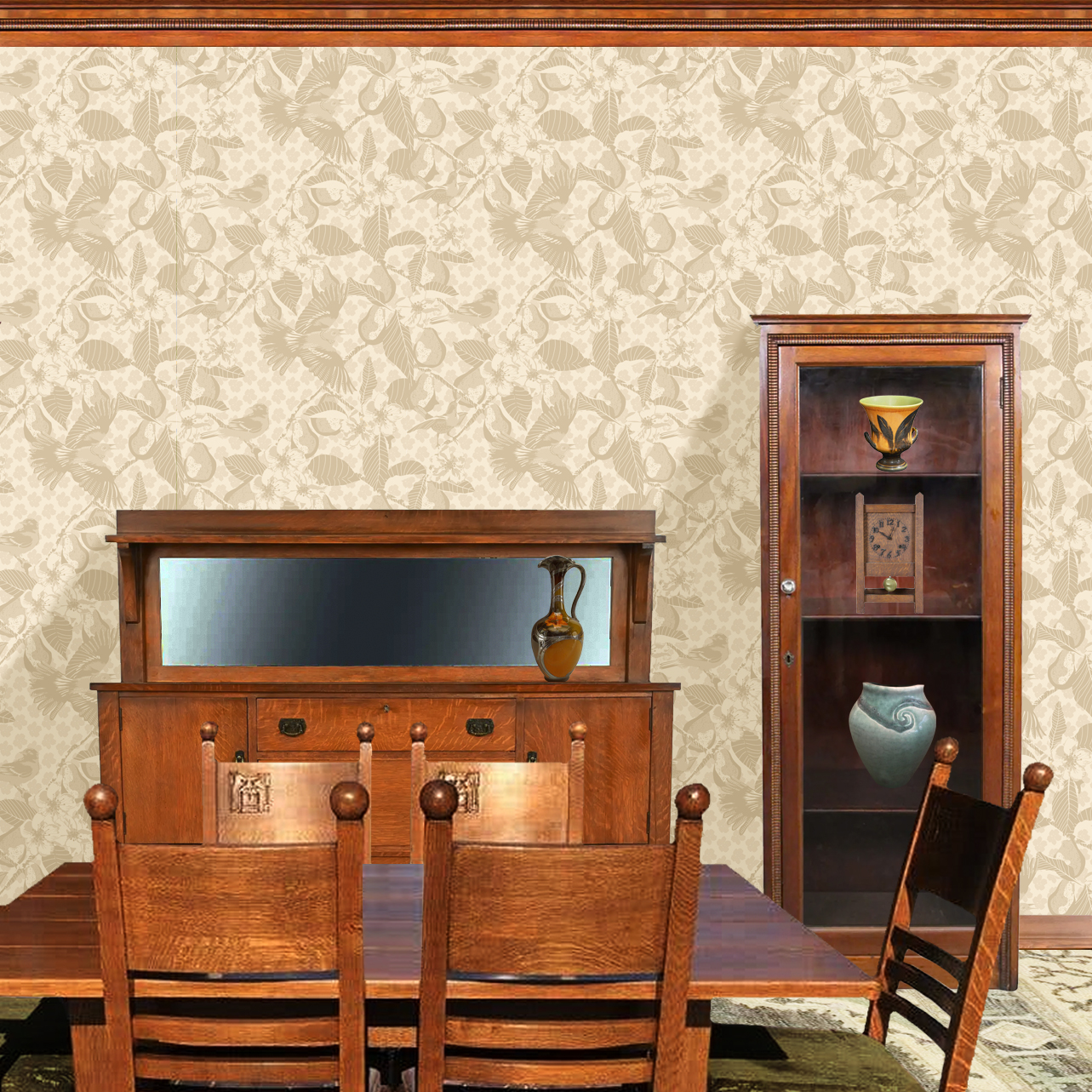 The artwork showcases a vibrant and detailed pattern featuring three orange and black birds set against a backdrop of yellow pears, green leaves, and white blossoms. The birds are depicted in different poses: one perched on a branch, one in mid-flight with wings spread, and another near a pear. The rich colors and intricate details of the feathers, fruits, and flowers create a lively and harmonious composition. The overall style combines naturalistic elements with a decorative, repeating design, highlighting the beauty of nature with emphasis on bold contrasts and vivid hues. The wallpaper design is shown in a Mission style dining room.