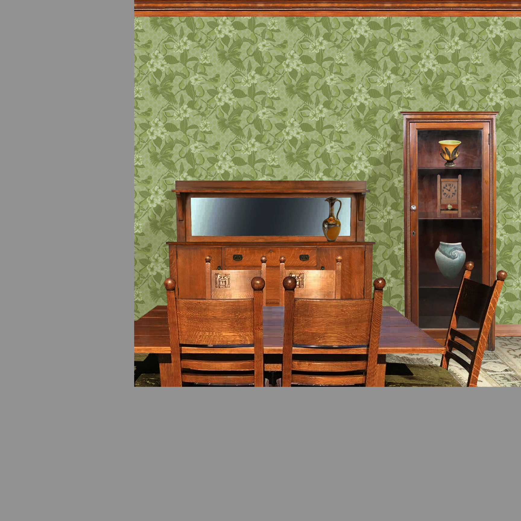 The artwork showcases a vibrant and detailed pattern featuring three orange and black birds set against a backdrop of yellow pears, green leaves, and white blossoms. The birds are depicted in different poses: one perched on a branch, one in mid-flight with wings spread, and another near a pear. The rich colors and intricate details of the feathers, fruits, and flowers create a lively and harmonious composition. The overall style combines naturalistic elements with a decorative, repeating design, highlighting the beauty of nature with emphasis on bold contrasts and vivid hues. The wallpaper design is shown in a Mission style dining room.