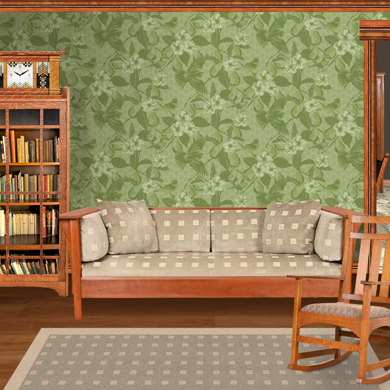 The artwork showcases a vibrant and detailed pattern featuring three orange and black birds set against a backdrop of yellow pears, green leaves, and white blossoms. The birds are depicted in different poses: one perched on a branch, one in mid-flight with wings spread, and another near a pear. The rich colors and intricate details of the feathers, fruits, and flowers create a lively and harmonious composition. The overall style combines naturalistic elements with a decorative, repeating design, highlighting the beauty of nature with emphasis on bold contrasts and vivid hues. The wallpaper design is shown in a Mission style living room