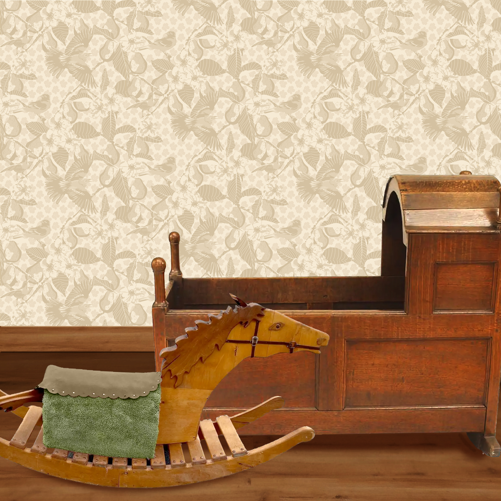 The artwork showcases a vibrant and detailed pattern featuring three orange and black birds set against a backdrop of yellow pears, green leaves, and white blossoms. The birds are depicted in different poses: one perched on a branch, one in mid-flight with wings spread, and another near a pear. The rich colors and intricate details of the feathers, fruits, and flowers create a lively and harmonious composition. The overall style combines naturalistic elements with a decorative, repeating design, highlighting the beauty of nature with emphasis on bold contrasts and vivid hues. The wallpaper design is shown in a Mission style nursery.