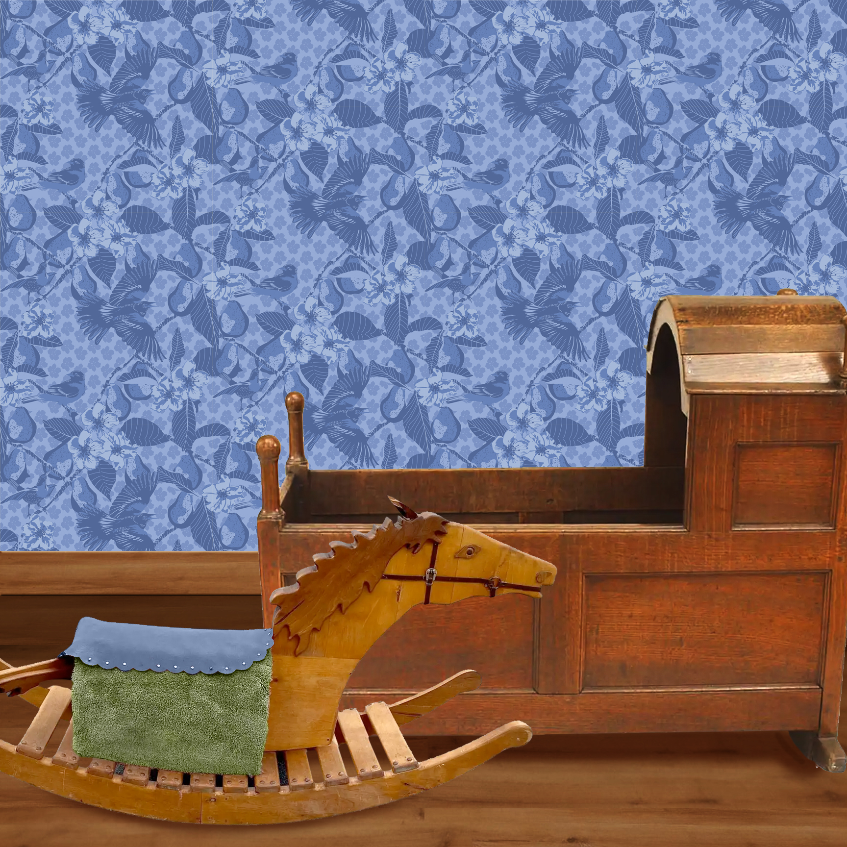 The artwork showcases a vibrant and detailed pattern featuring three orange and black birds set against a backdrop of yellow pears, green leaves, and white blossoms. The birds are depicted in different poses: one perched on a branch, one in mid-flight with wings spread, and another near a pear. The rich colors and intricate details of the feathers, fruits, and flowers create a lively and harmonious composition. The overall style combines naturalistic elements with a decorative, repeating design, highlighting the beauty of nature with emphasis on bold contrasts and vivid hues. The wallpaper design is shown in a Mission style nursery.