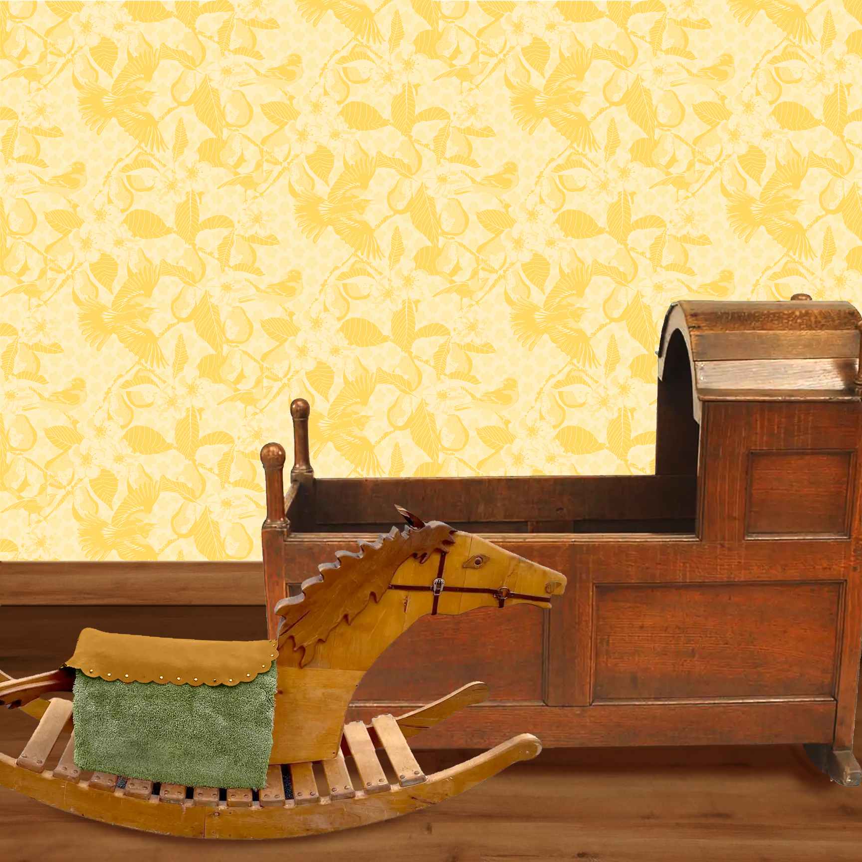 The artwork showcases a vibrant and detailed pattern featuring three orange and black birds set against a backdrop of yellow pears, green leaves, and white blossoms. The birds are depicted in different poses: one perched on a branch, one in mid-flight with wings spread, and another near a pear. The rich colors and intricate details of the feathers, fruits, and flowers create a lively and harmonious composition. The overall style combines naturalistic elements with a decorative, repeating design, highlighting the beauty of nature with emphasis on bold contrasts and vivid hues. The wallpaper design is shown in a Mission style nursery.