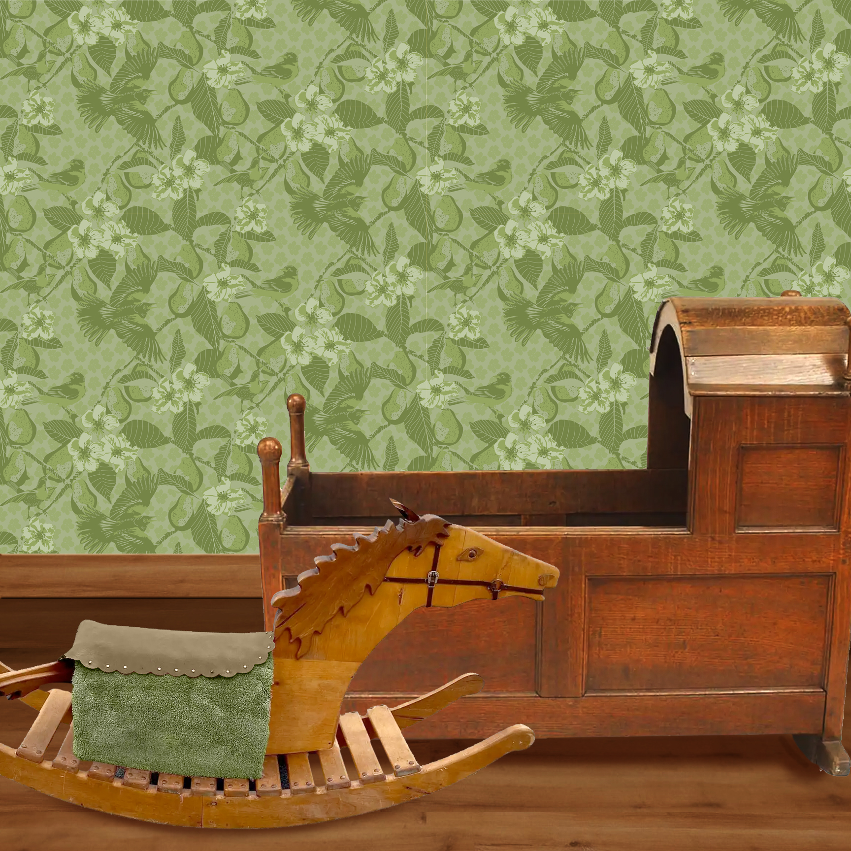 The artwork showcases a vibrant and detailed pattern featuring three orange and black birds set against a backdrop of yellow pears, green leaves, and white blossoms. The birds are depicted in different poses: one perched on a branch, one in mid-flight with wings spread, and another near a pear. The rich colors and intricate details of the feathers, fruits, and flowers create a lively and harmonious composition. The overall style combines naturalistic elements with a decorative, repeating design, highlighting the beauty of nature with emphasis on bold contrasts and vivid hues. The wallpaper design is shown in a Mission style nursery.