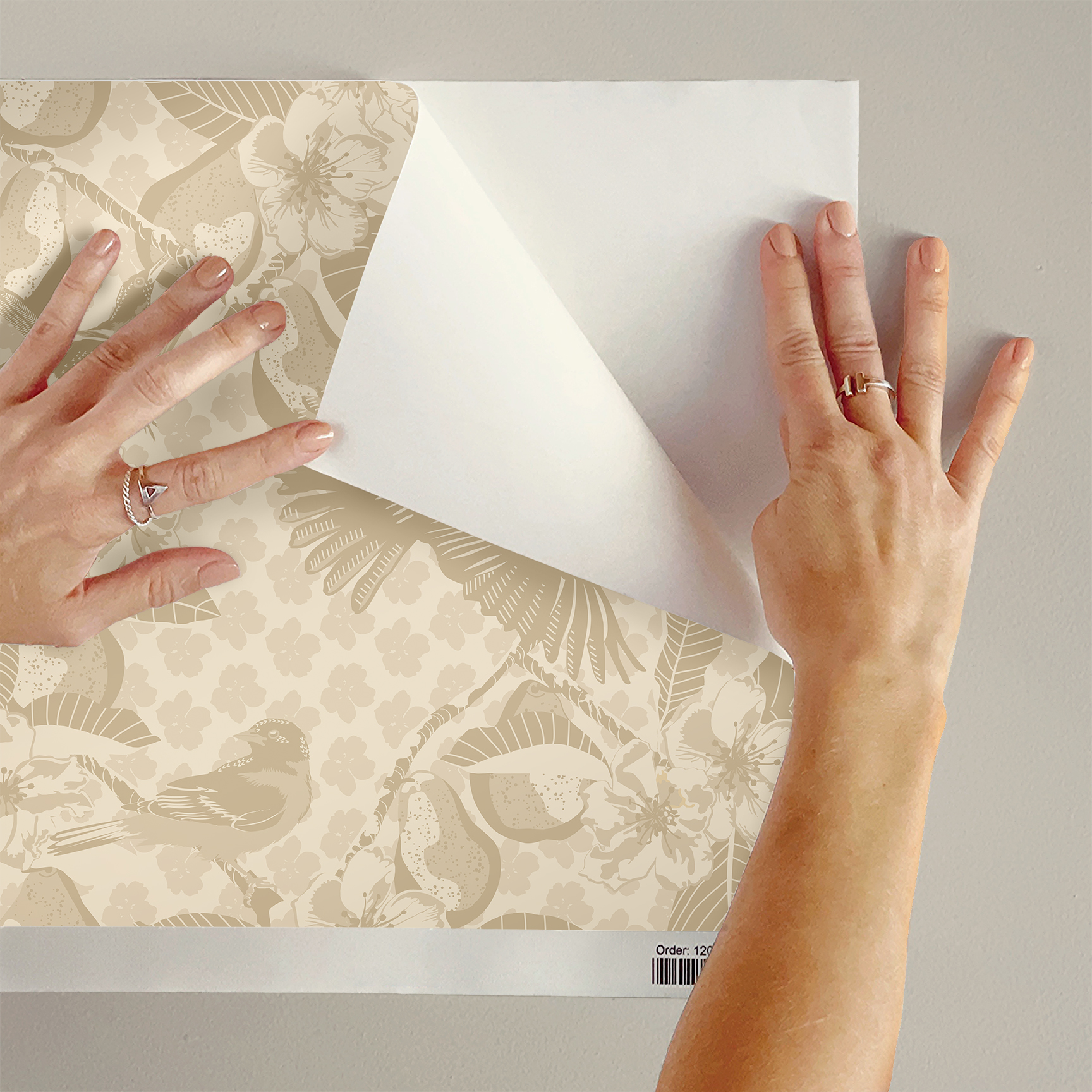 The artwork showcases a vibrant and detailed pattern featuring three orange and black birds set against a backdrop of yellow pears, green leaves, and white blossoms. The birds are depicted in different poses: one perched on a branch, one in mid-flight with wings spread, and another near a pear. The rich colors and intricate details of the feathers, fruits, and flowers create a lively and harmonious composition. The overall style combines naturalistic elements with a decorative, repeating design, highlighting the beauty of nature with emphasis on bold contrasts and vivid hues.