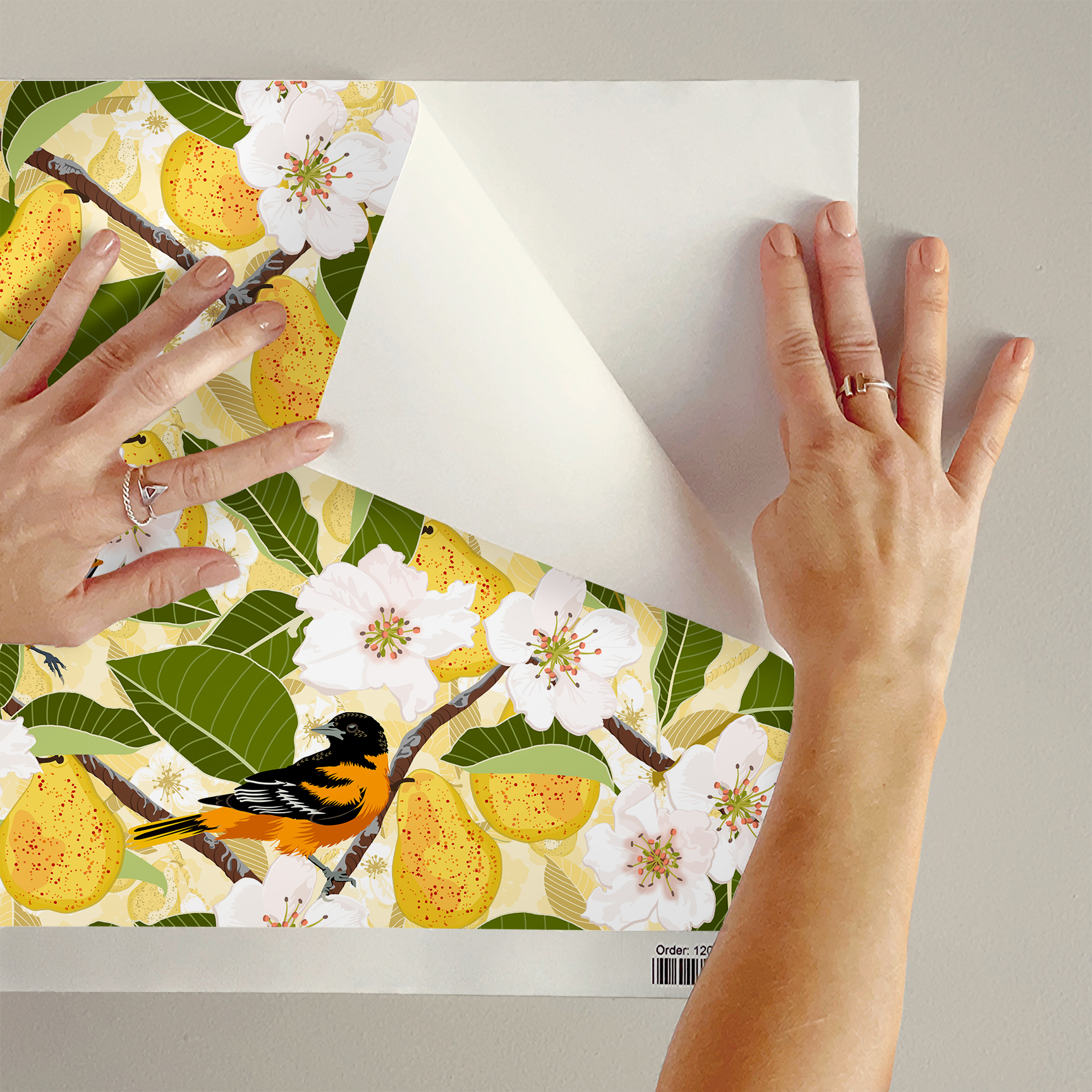 The artwork showcases a vibrant and detailed pattern featuring three orange and black birds set against a backdrop of yellow pears, green leaves, and white blossoms. The birds are depicted in different poses: one perched on a branch, one in mid-flight with wings spread, and another near a pear. The rich colors and intricate details of the feathers, fruits, and flowers create a lively and harmonious composition. The overall style combines naturalistic elements with a decorative, repeating design, highlighting the beauty of nature with emphasis on bold contrasts and vivid hues.