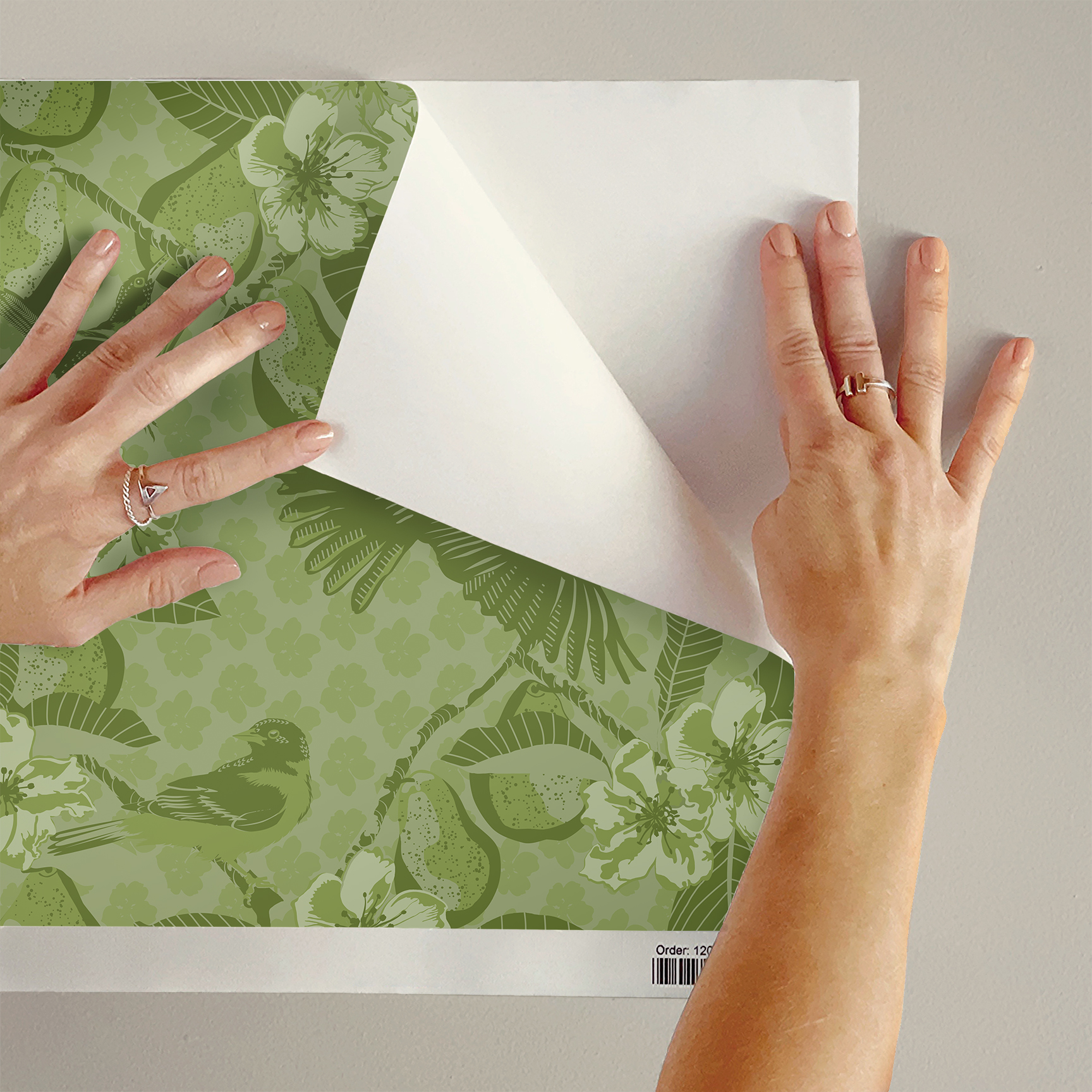 The artwork showcases a vibrant and detailed pattern featuring three orange and black birds set against a backdrop of yellow pears, green leaves, and white blossoms. The birds are depicted in different poses: one perched on a branch, one in mid-flight with wings spread, and another near a pear. The rich colors and intricate details of the feathers, fruits, and flowers create a lively and harmonious composition. The overall style combines naturalistic elements with a decorative, repeating design, highlighting the beauty of nature with emphasis on bold contrasts and vivid hues.