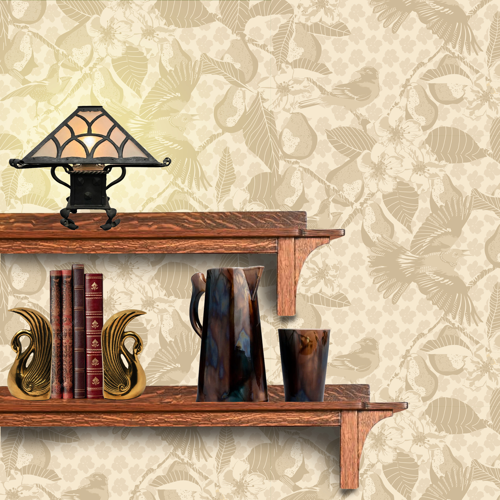 The artwork showcases a vibrant and detailed pattern featuring three orange and black birds set against a backdrop of yellow pears, green leaves, and white blossoms. The birds are depicted in different poses: one perched on a branch, one in mid-flight with wings spread, and another near a pear. The rich colors and intricate details of the feathers, fruits, and flowers create a lively and harmonious composition. The overall style combines naturalistic elements with a decorative, repeating design, highlighting the beauty of nature with emphasis on bold contrasts and vivid hues.The wallpaper design is shown behind a Mission style shelf.