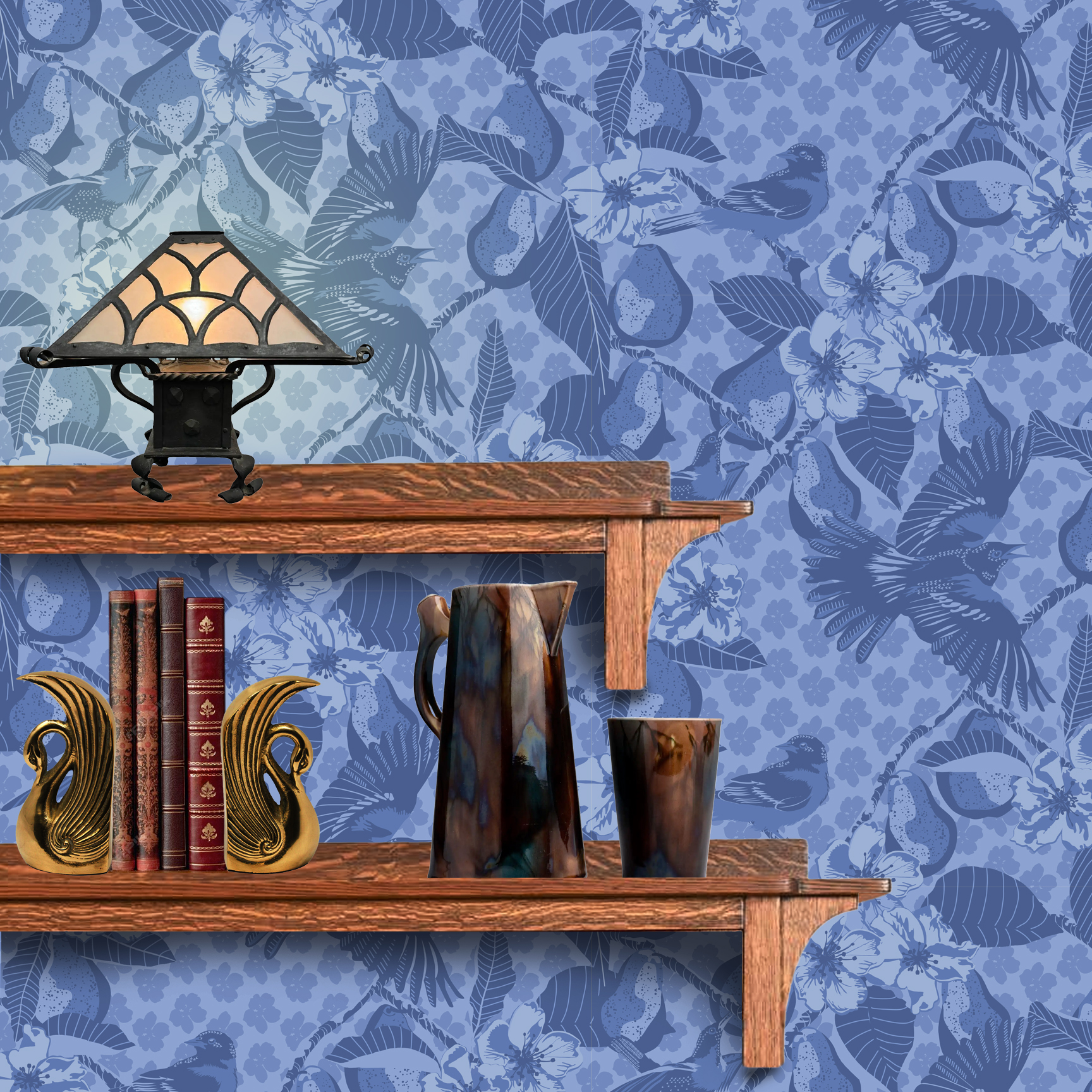 The artwork showcases a vibrant and detailed pattern featuring three orange and black birds set against a backdrop of yellow pears, green leaves, and white blossoms. The birds are depicted in different poses: one perched on a branch, one in mid-flight with wings spread, and another near a pear. The rich colors and intricate details of the feathers, fruits, and flowers create a lively and harmonious composition. The overall style combines naturalistic elements with a decorative, repeating design, highlighting the beauty of nature with emphasis on bold contrasts and vivid hues.The wallpaper design is shown behind a Mission style shelf.