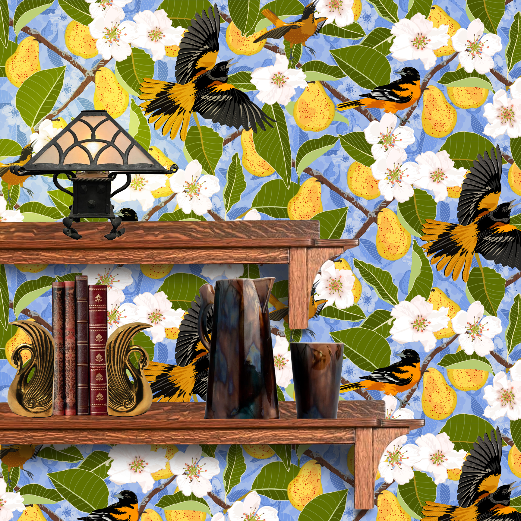 The artwork showcases a vibrant and detailed pattern featuring three orange and black birds set against a backdrop of yellow pears, green leaves, and white blossoms. The birds are depicted in different poses: one perched on a branch, one in mid-flight with wings spread, and another near a pear. The rich colors and intricate details of the feathers, fruits, and flowers create a lively and harmonious composition. The overall style combines naturalistic elements with a decorative, repeating design, highlighting the beauty of nature with emphasis on bold contrasts and vivid hues.The wallpaper design is shown behind a Mission style shelf.